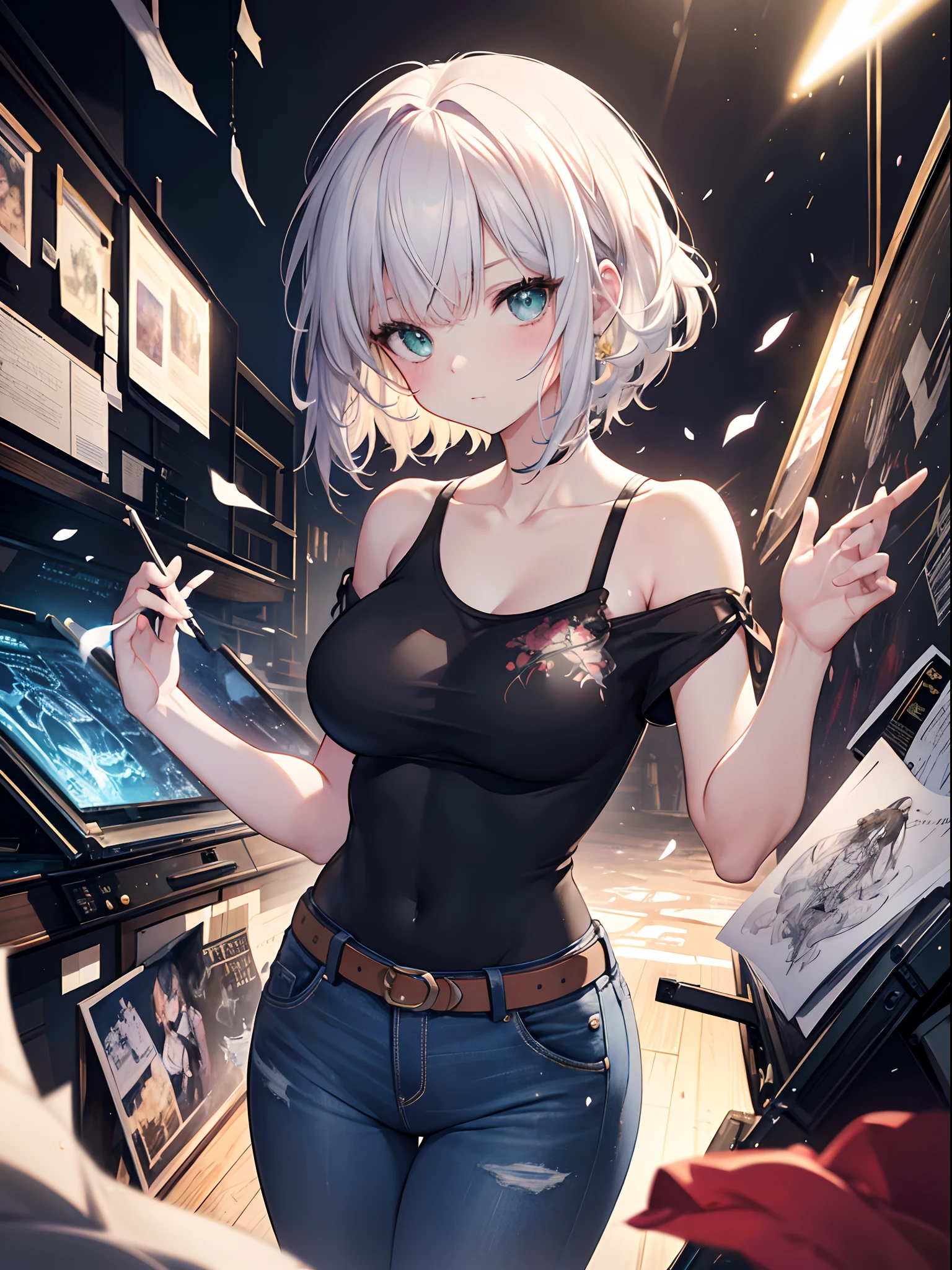 ((((masterpiece, best quality, high resolution)))), Extremely detailed 8K, Beautiful girl with slender body, (Ultra HD, Ultra-detailed, Highly detailed, Highly realistic, Ultra-realistic, photograph realistic), (1girl:1.5), white hair, short wavy hair, bob cut, red eyes, light smile, blush, average breasts, wet, (nsfw:1.5), beach, (sunbeam, sunlight, rose, wind),