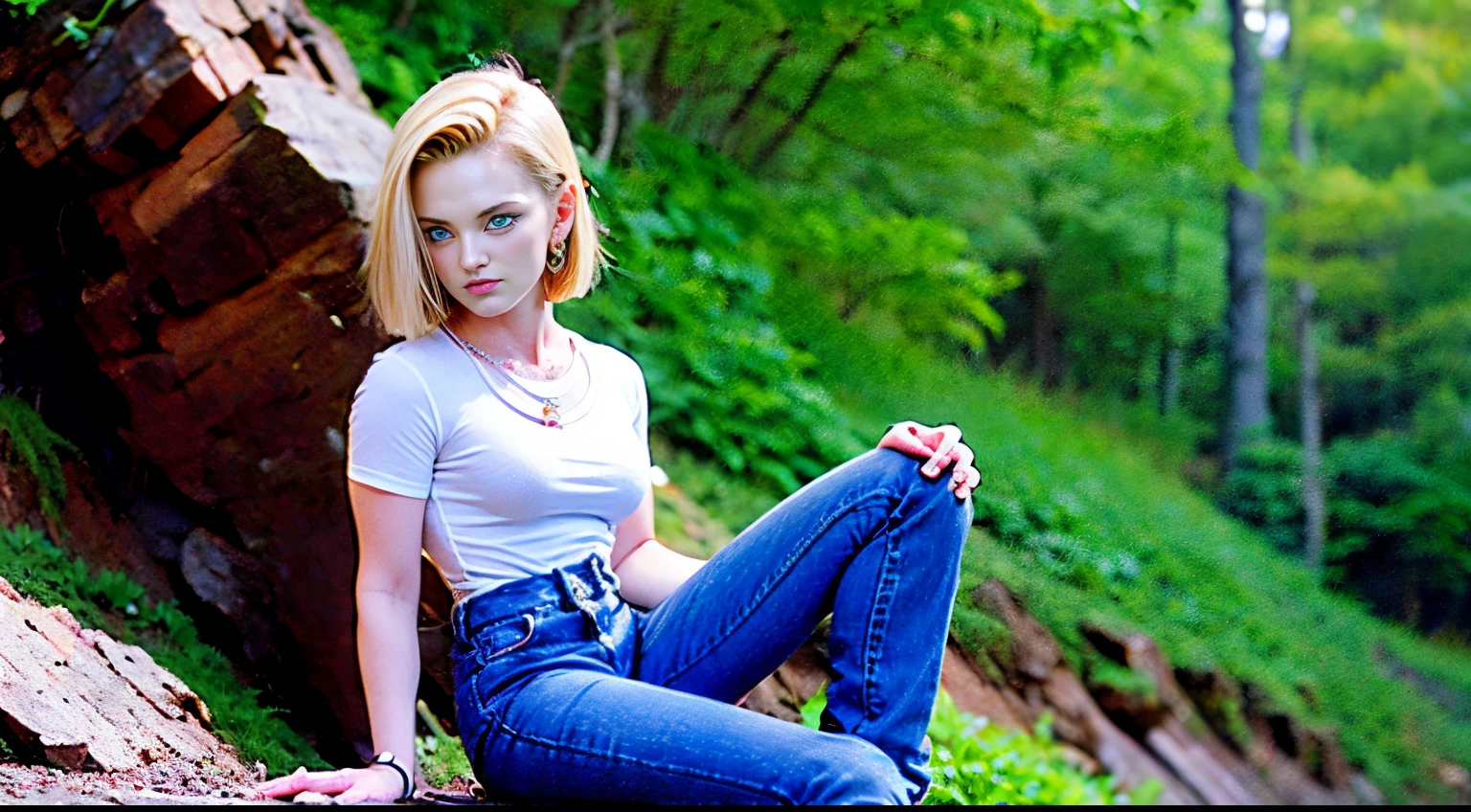 android18, 1girl, solo, short_hair, blue_eyes, blonde_hair, shirt, jewelry, sitting, green_eyes, white_shirt, short_sleeves, earrings, outdoors, necklace, vest, denim, jeans, rock, mountain, high-waist_pants, sitting_on_rock, android_18,