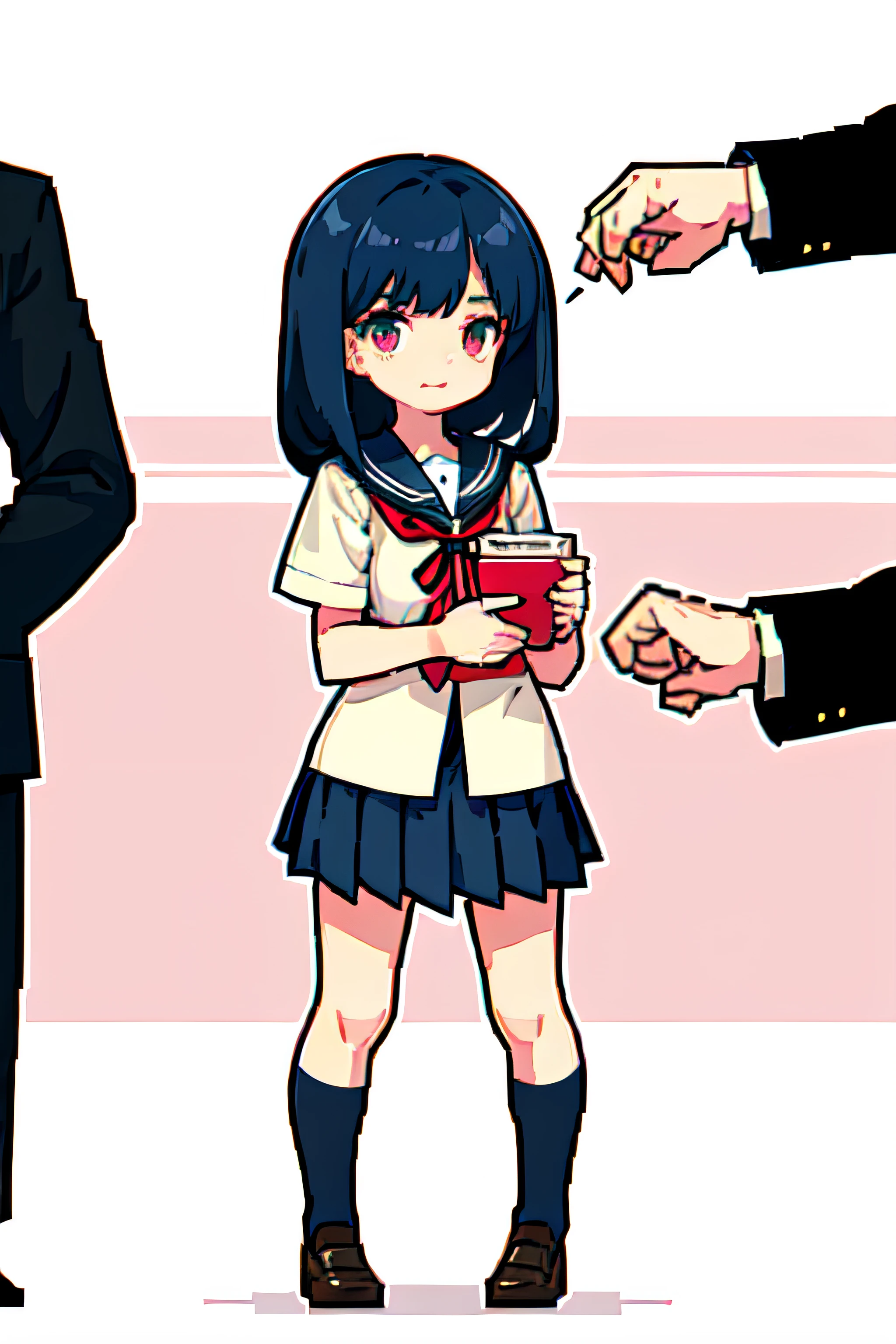 masutepiece, Best Quality, hight resolution, Solo Focus, thick outlines, Cute, character pastel color palette, 1girl in, Solo, Long baby blue hair, cotton candy pink eyes, :3, Looking at Viewer, Winters,, A city scape,white thighhig、Black hair、japanese hight school uniform、High school students、sixteen years old、Red ribbons、Dark blue skirt、Dark blue socks