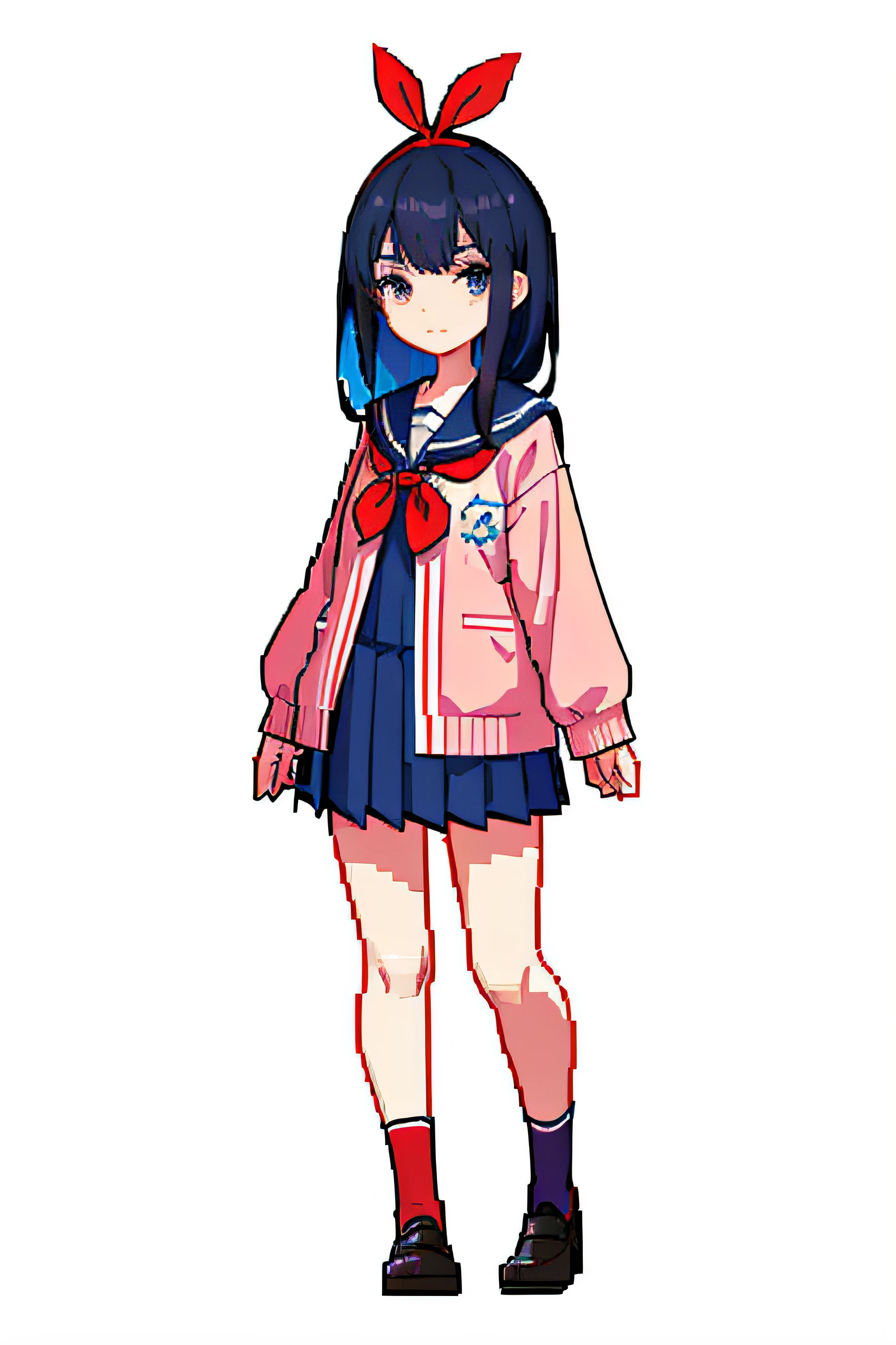 masutepiece, Best Quality, hight resolution, Solo Focus, thick outlines, Cute, character pastel color palette, 1girl in, Solo, Long baby blue hair, cotton candy pink eyes, :3, Looking at Viewer, Winters,, A city scape,white thighhig、Black hair、japanese hight school uniform、High school students、sixteen years old、Red ribbons、Dark blue skirt、Dark blue socks、hi-school girl、bobhair