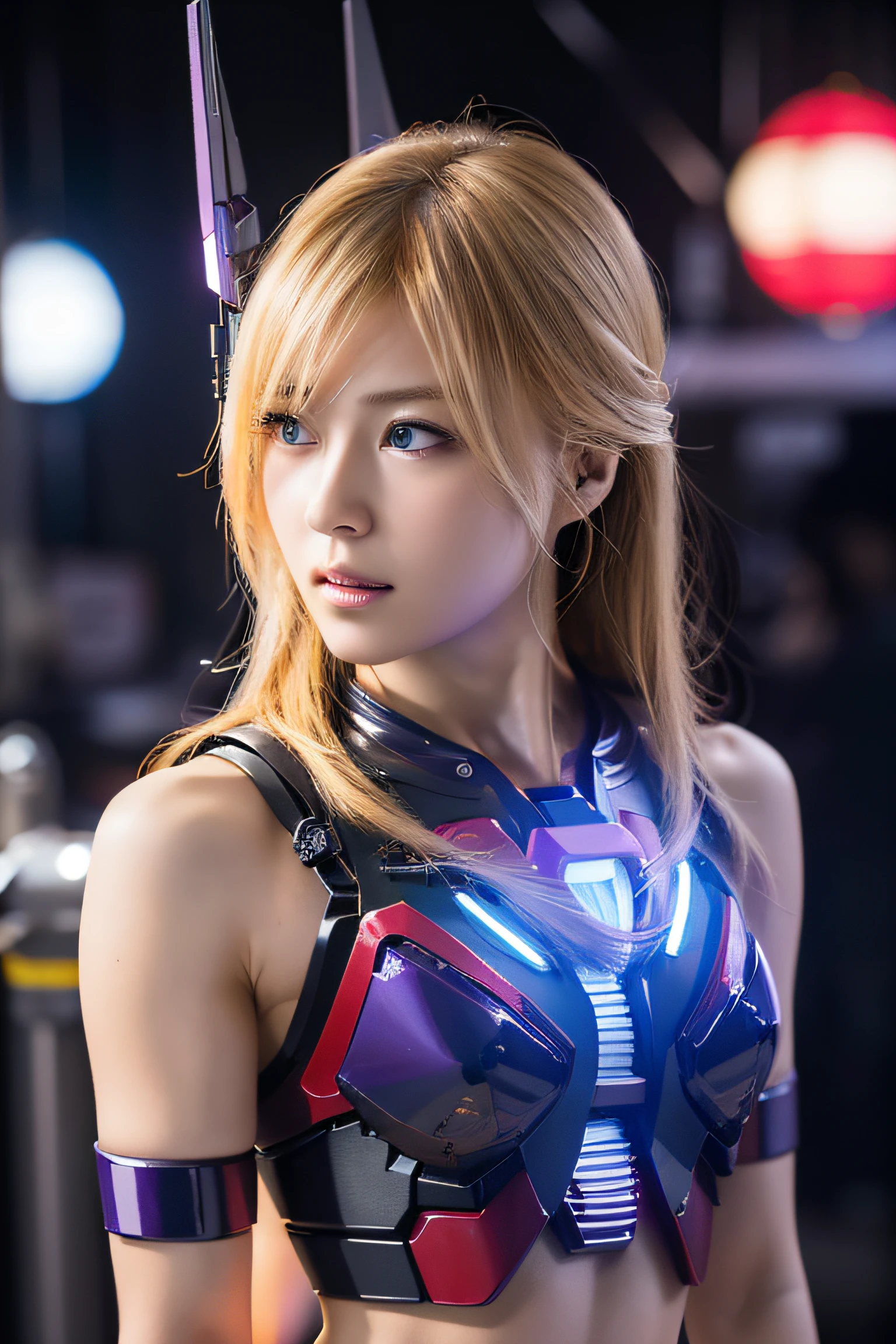 Top Quality, Masterpiece, Ultra High Resolution, (Photorealistic: 1.4), Raw Photo, blonds Hair, Glossy Skin, (1 Mechanical Girl), (Ultra Realistic Detail), Portrait, Global Illumination, Shadows, Octane Rendering, Ultra Sharp, (flat chest:1.3), Cleavage Exposed Raw Skin, Metal, Intricate Ornament Details, Japan Details, Very intricate details, realistic light, CGSoation trend, purple eyes, glowing eyes, facing the camera, (neon details, mechanical limbs, blood vessels connected to the tube, mechanical vertebrae attached to the back, mechanical cervical attachment to the neck, wires and cables connecting to the head, (gundam:1.3), small LED lamps:1.2), full body, (any pose:1.4), (midriff peek:1.2), from behind,