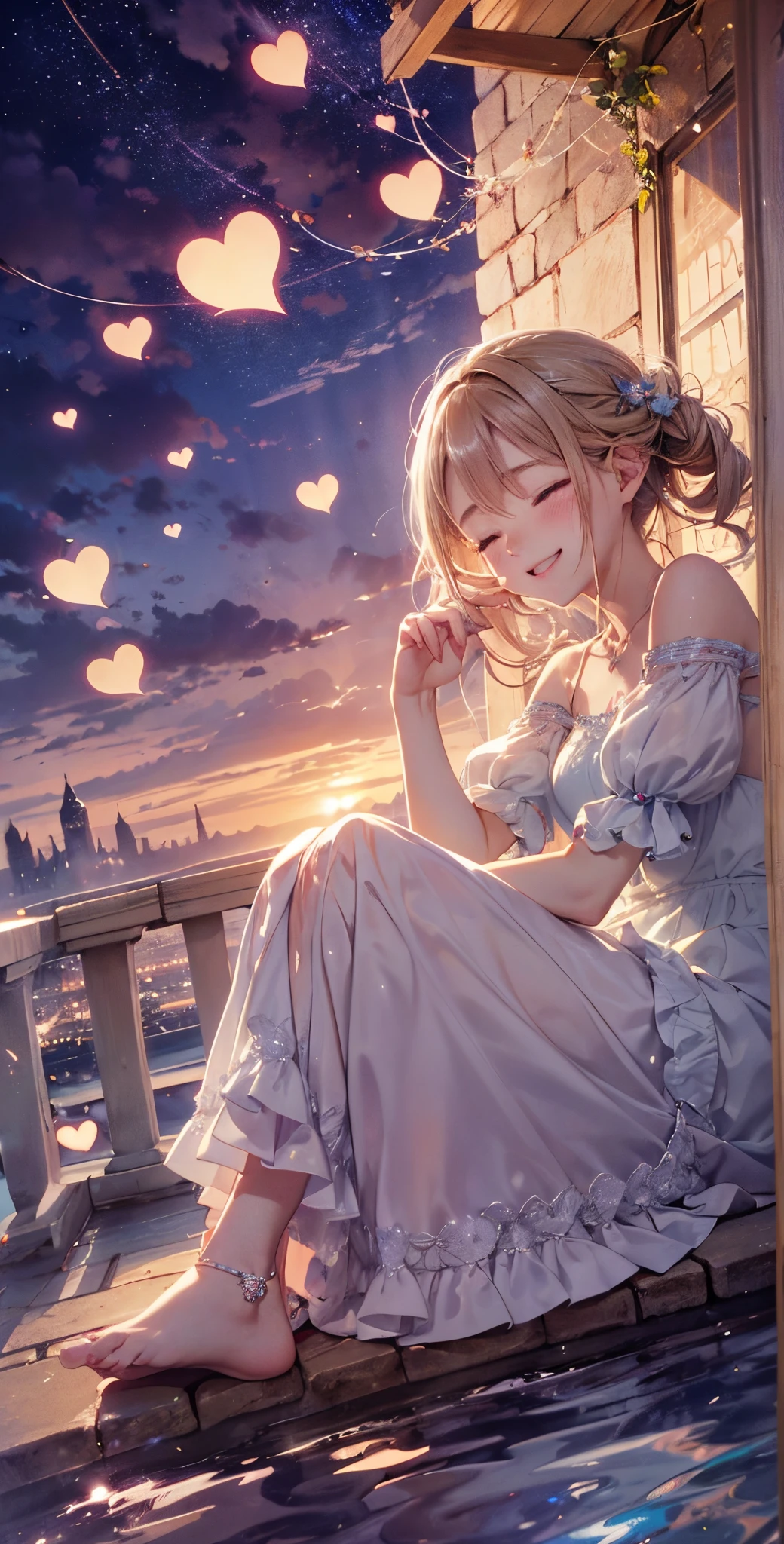 (Best Quality,4K,8K,hight resolution,masutepiece:1.2),(Close your eyes and smile gently:1.4)dreamy lighting,Soft pastel colors,capricious,romantic,nighttime scene,sparkling stars,magia,overflowing happiness and love,ethereal beauty,glimpse in a dream,under the starry sky,reaching out her hand,Longing gaze,Endless love,Unforgettable memories,Cherished moments,Overflowing tears of joy,small moments that take your breath away,Love that paints the world with bright colors,dreams come true,hearts intertwined forever,never ending love song.