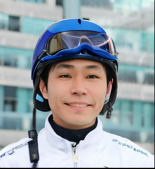 Arafed jockey wearing a white jacket, blue helmet and goggles, photo of breeze kaze, macoto takahashi, shichiro kobayashi, masahiro ito, tomohiro shimoguchi, hiromasa ogura, keita morimoto, nico tanigawa, minaba hideo, takayuki takeya, yoshifumi ushima