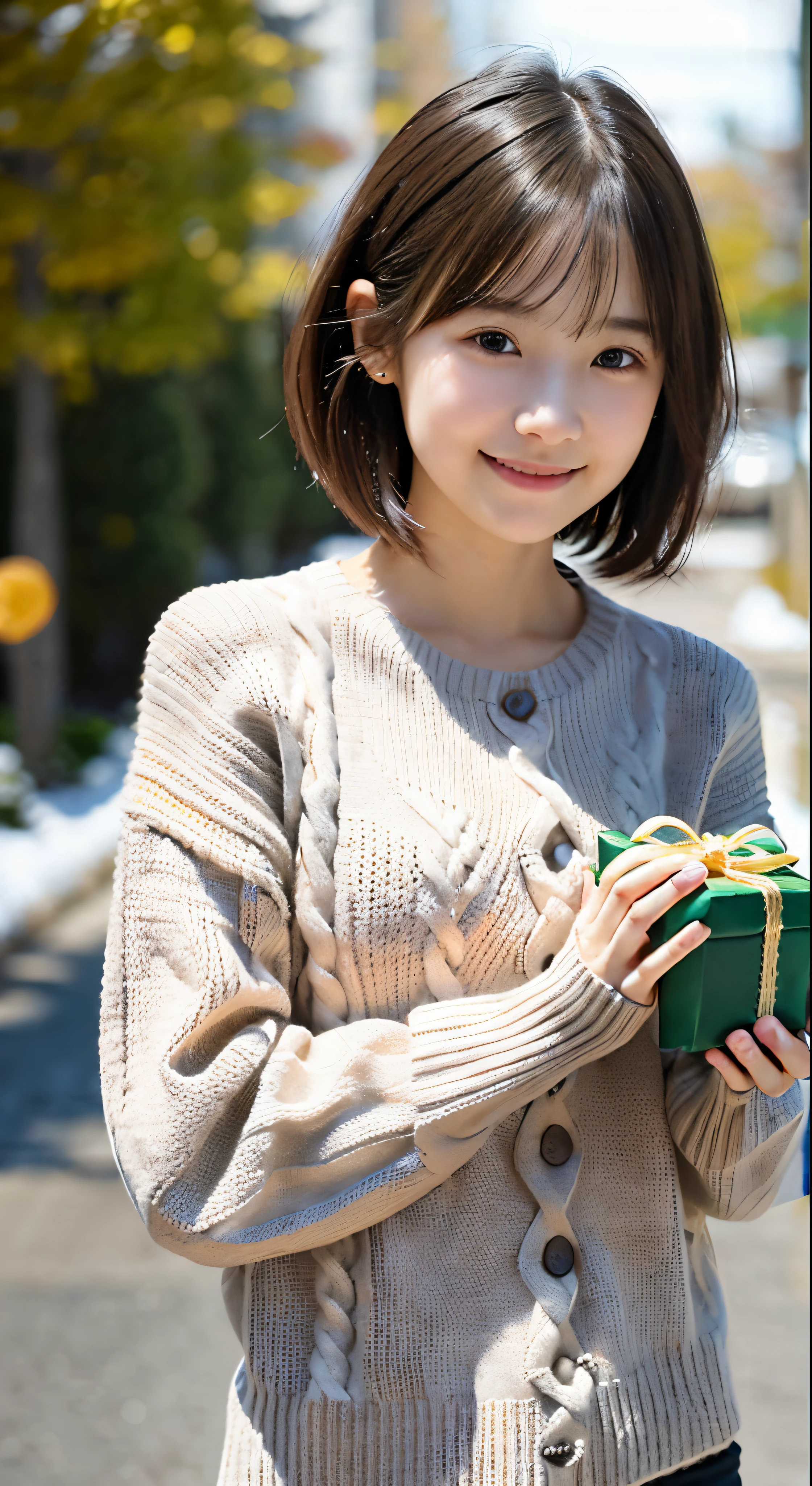 (Close-up portrait of a slender small-chested short-haired girl in a winter knitted sweater and shirt:1.5)、(A girl holding a gift box: Smiling shyly:1.5)、(Blurry background,:1.5)、(Perfect Anatomy:1.3)、(complete hands:1.3)、(complete fingers:1.3)、Photorealsitic、Raw photography、masutepiece、top-quality、hight resolution、delicate and pretty、face perfect、Beautiful detailed eyes、Fair skin、Real Human Skin、((thin legs))、(Dark hair)