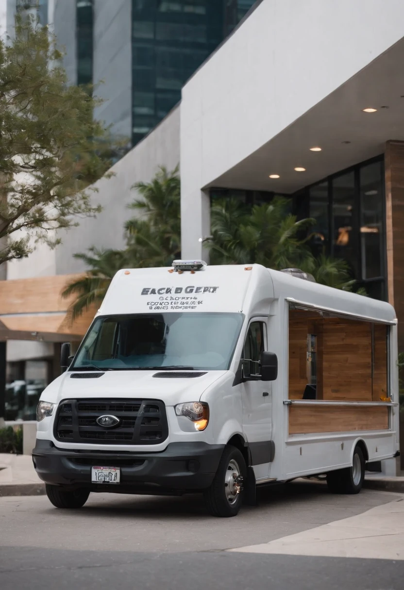 The image is of a gourmet food truck with a neon sign that says 'Protect Your Car with Extended Warranty'. The truck is parked in front of a busy office building.,original,Middle-aged white guy in business casual attire. A bit nerdy