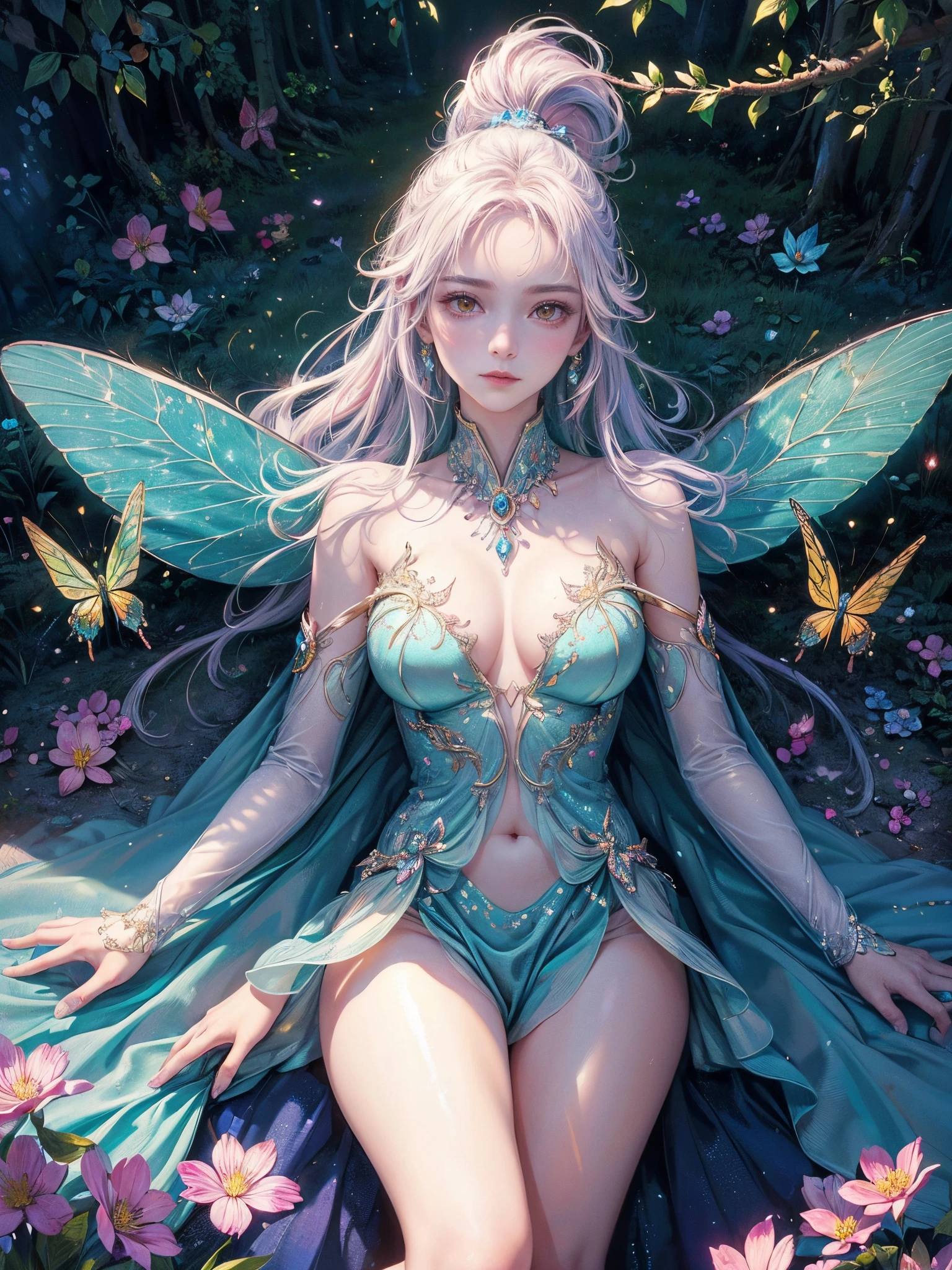 A magical forest bathed in sunlight, Sparkling (crystal-clear, transparent pubic hair, glittery) Sparkling water reflects bright colors (Iridescent, Multicolored) blossoms. Butterflies dance gracefully in the air, Add a touch of elegance and glamor. Those fairy-like creatures (gracefulness, Exquisite, iintricate) wings like butterflies, They emit light and illuminate their surroundings. the air is full of (Magic dust, shimmering particles) Create a whimsical atmosphere. fairies have one (The beautiful, Exquisite, iintricate) butterfly tattoo on back. A breeze rustled through the trees, Create a peaceful and harmonious atmosphere. 

(Best quality at best,4K,8K,A high resolution,tmasterpiece:1.2), ultra - detailed, (actual,realisticlying,Photorealistic:1.37), HighDynamicRange, hyper HD, Studio lighting, Ultra-fine painting, Focus sharp, physically-based renderingt, Extremely detailed description, professional, vivd colour, bokeh, sportrait, The landscape, fanciful, vivd colour, Ethereal atmosphere