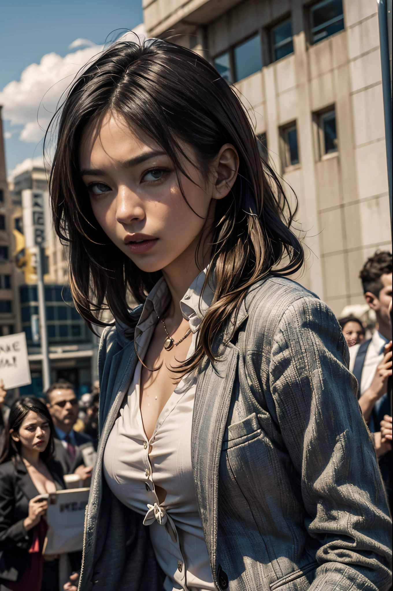 the met、(((Female Detective)))、chasing the criminal、((Desperate face))、((exclamation))、Running、Sweat flows、suits、neck tie、Cuffed、Batons、