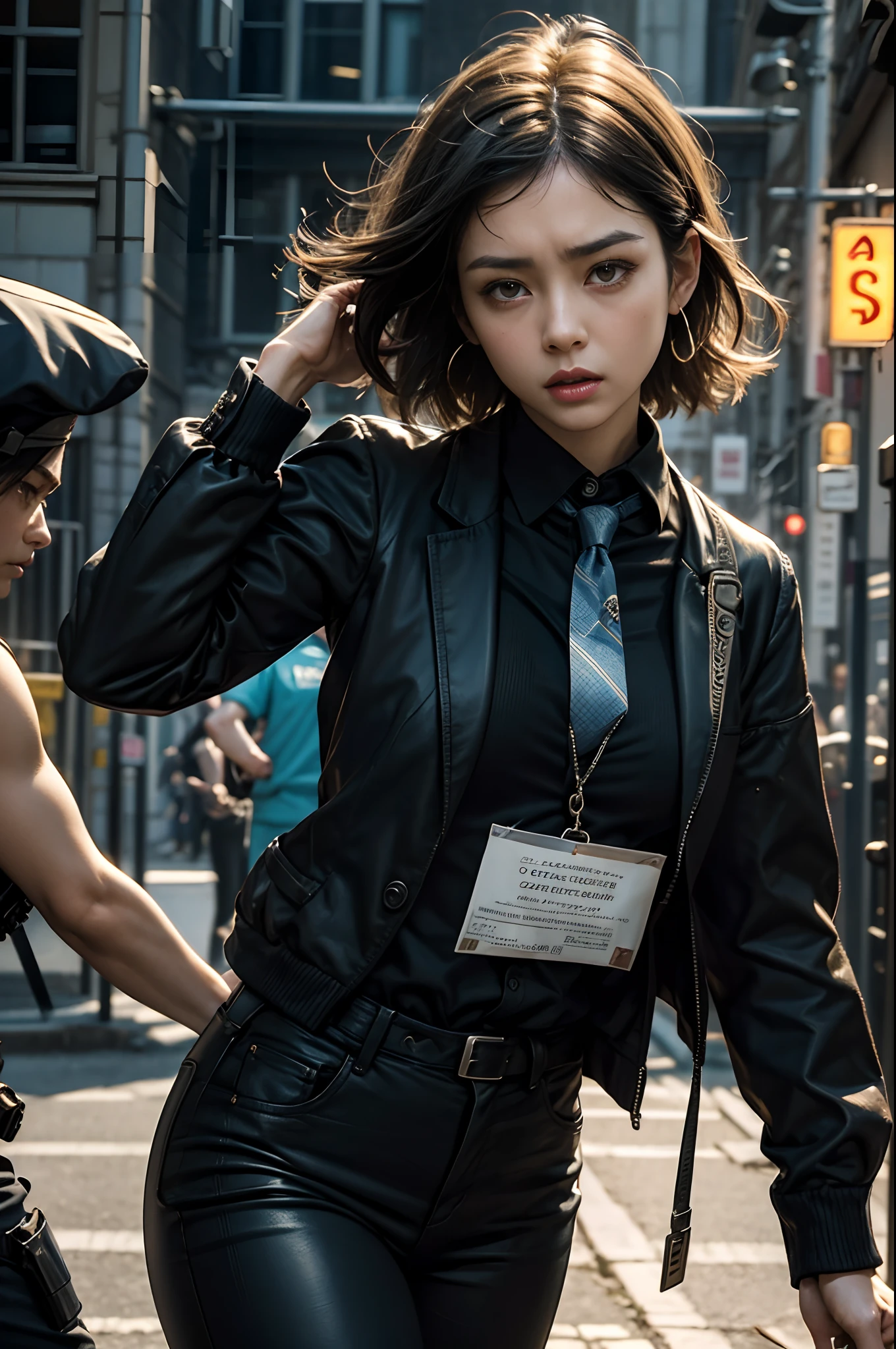 the met、(((Female Detective)))、chasing the criminal、((Desperate face))、((exclamation))、Running、Sweat flows、suits、neck tie、Cuffed、Batons、