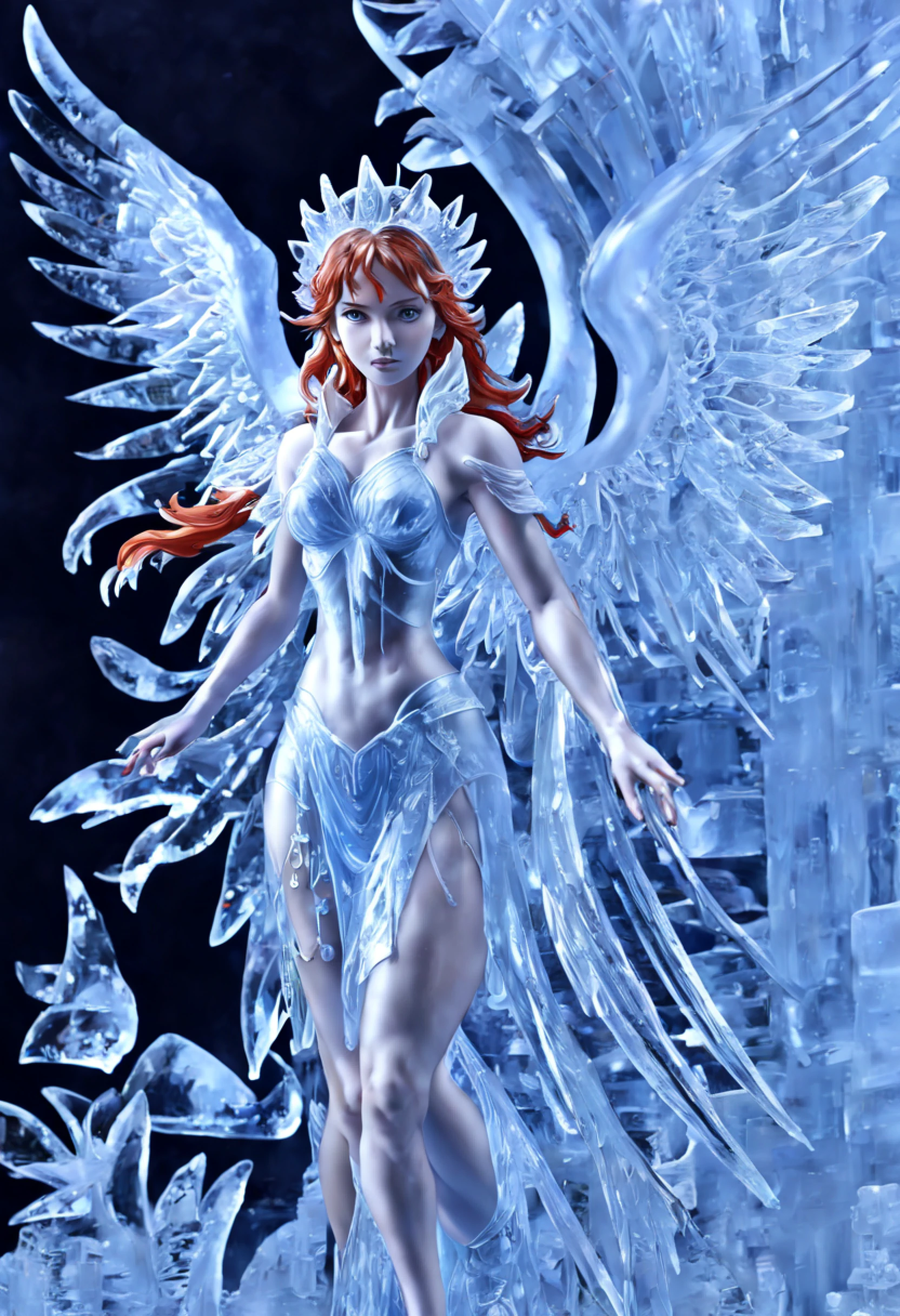fantasy art, RPG art, PEIceSculpture a picture of an (ice sculpture: 1.5) (ultra detailed, Masterpiece, best quality: 1.4) of an (icy: 1.4) female angel (ultra detailed, Masterpiece, best quality: 1.3) spread angel wings angel_wings (ultra detailed, Masterpiece, best quality: 1.3) made from ice, fiery halo red fire, flame hair, hair on fire, red hair, fantasy temple background best quality, 16k, [ultra detailed], masterpiece, best quality, (ultra detailed), full body, ultra wide shot, photorealistic