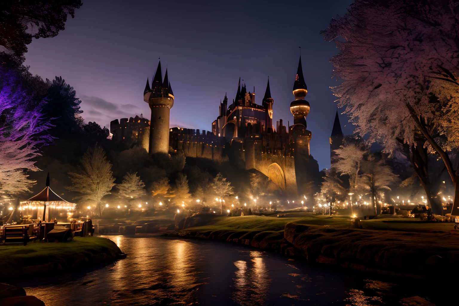 a medieval magic festival on a moonlit night, In the center of the image is 1 stunning Gothic castle that serves as the backdrop for the magic performances and activities taking place. Enchanted light effects add to the ethereal atmosphere of the scene,The color scheme is rich jewel tones with gold accents, adding to the magical vibe,elegant,fantasy, global illumination, backlighting,bloom, ((cold light)), sharp focus, photo realistic, background out of focus, cinematic composition , ultra-detailed, realistic , hyper-realistic , volumetric lighting, 8k, trending on artstation