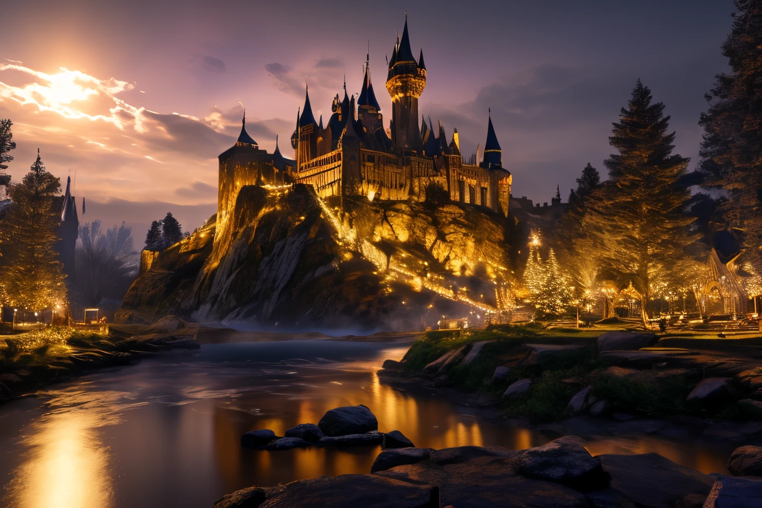 a medieval magic festival on a moonlit night, In the center of the image is 1 stunning Gothic castle that serves as the backdrop for the magic performances and activities taking place. Enchanted light effects add to the ethereal atmosphere of the scene,The color scheme is rich jewel tones with gold accents, adding to the magical vibe,elegant,fantasy, global illumination, backlighting,bloom, ((cold light)), sharp focus, photo realistic, background out of focus, cinematic composition , ultra-detailed, realistic , hyper-realistic , volumetric lighting, 8k, trending on artstation