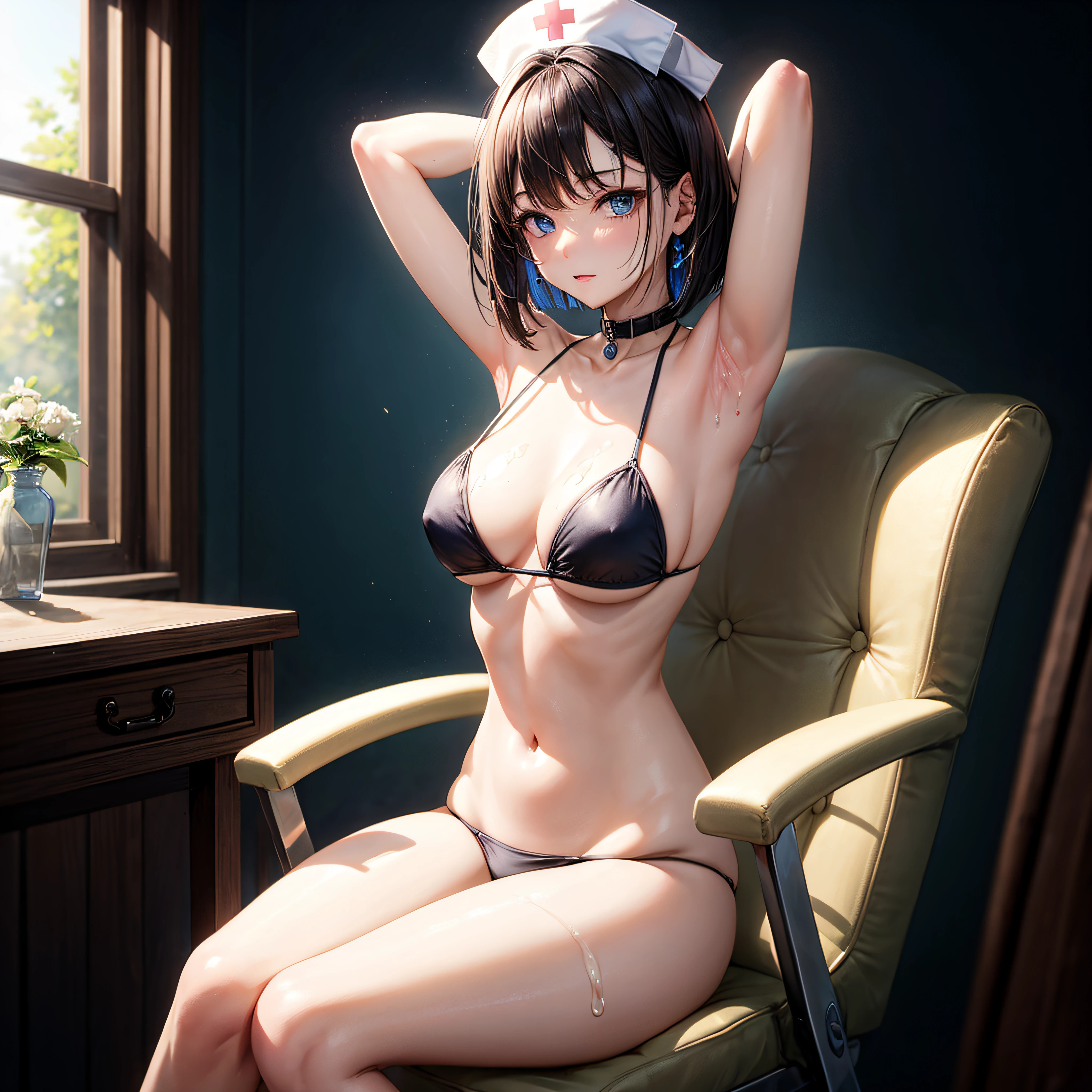 realisitic、top-quality、(One Woman：1.5)、sit a chair、Dark hair、Short Bob、blue eyess、Milky liquid all over the body,gleaming skin、agitation、Nurse Cap、Black Bikini、Medium chest 、Arms behind your head