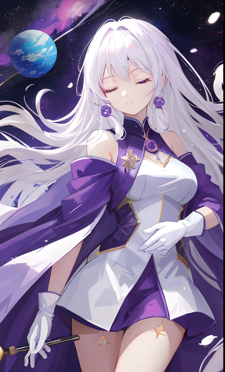 Two-dimensional painting style,24-year-old woman,With his eyes closed,White hair,put on purple robe,Long white gloves are worn on the elbows(Must be above the elbow),in the cosmos