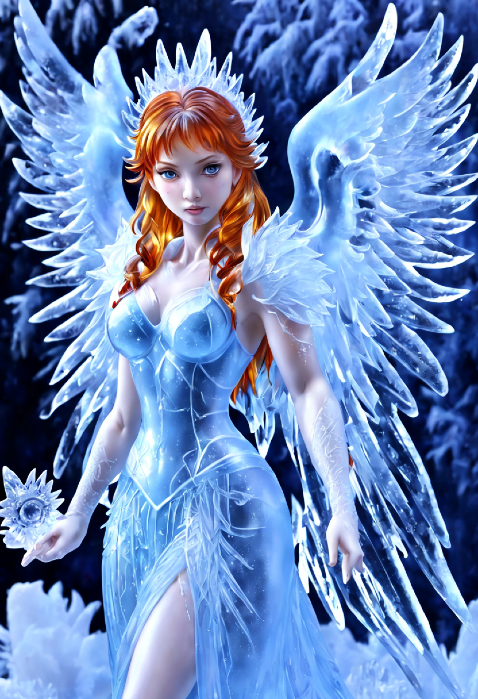 fantasy art, RPG art, PEIceSculpture a picture of an (ice sculpture: 1.5) (ultra detailed, Masterpiece, best quality: 1.4) of an (icy: 1.4) female angel (ultra detailed, Masterpiece, best quality: 1.3) spread angel wings angel_wings (ultra detailed, Masterpiece, best quality: 1.3) made from ice, fiery halo red fire, flame hair, hair on fire, red hair, fantasy temple background best quality, 16k, [ultra detailed], masterpiece, best quality, (ultra detailed), full body, ultra wide shot, photorealistic