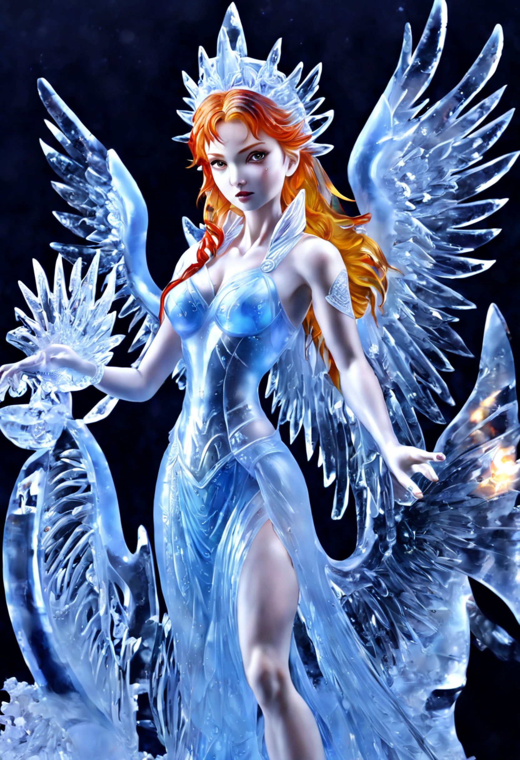 fantasy art, RPG art, PEIceSculpture a picture of an (ice sculpture: 1.5) (ultra detailed, Masterpiece, best quality: 1.4) of an (icy: 1.4) female angel (ultra detailed, Masterpiece, best quality: 1.3) spread angel wings angel_wings (ultra detailed, Masterpiece, best quality: 1.3) made from ice, fiery halo red fire, flame hair, hair on fire, red hair, fantasy temple background best quality, 16k, [ultra detailed], masterpiece, best quality, (ultra detailed), full body, ultra wide shot, photorealistic