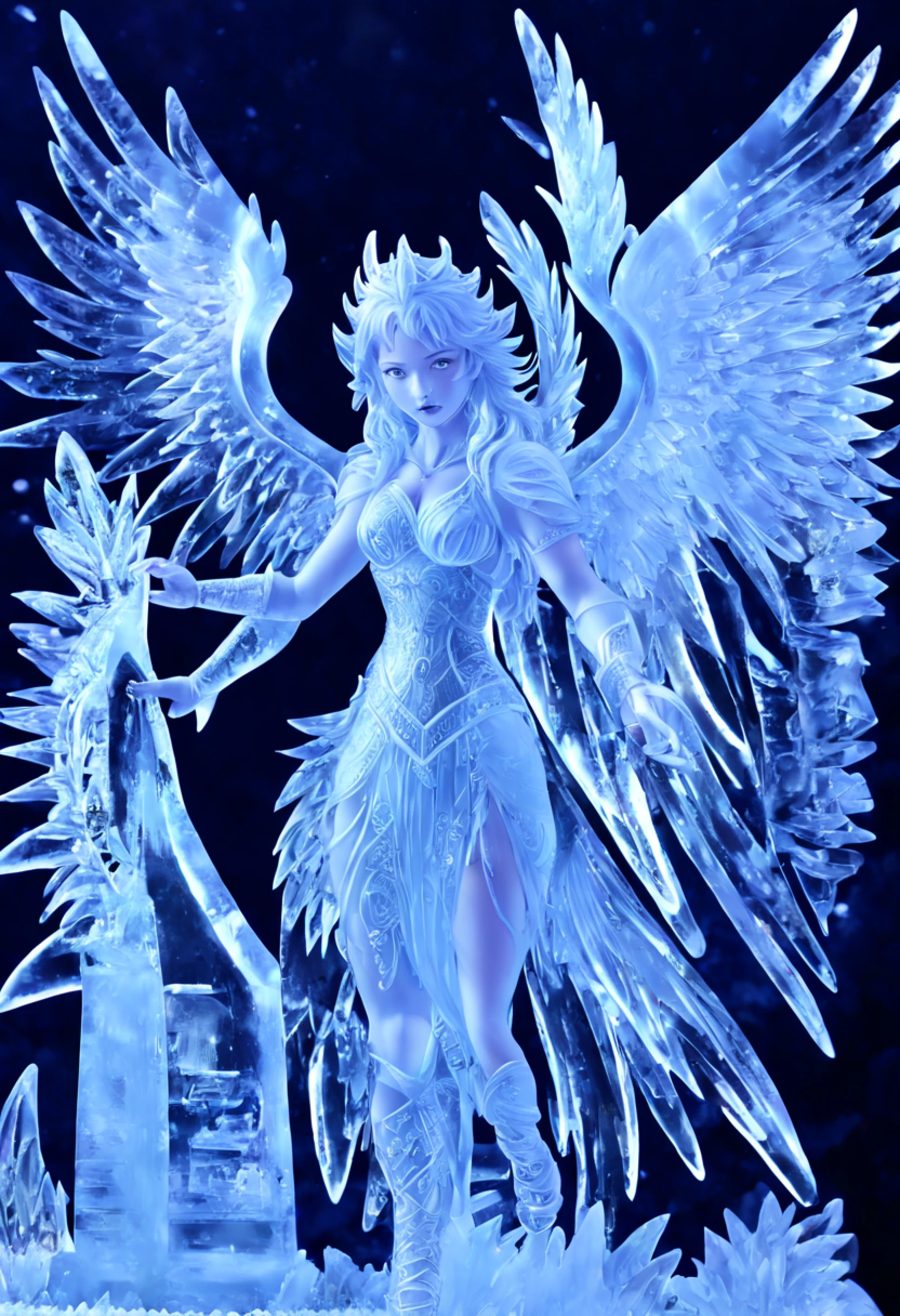 fantasy art, RPG art, PEIceSculpture a picture of an (ice sculpture: 1.5) (ultra detailed, Masterpiece, best quality: 1.4) of an (icy: 1.4) female angel (ultra detailed, Masterpiece, best quality: 1.3) spread angel wings angel_wings (ultra detailed, Masterpiece, best quality: 1.3) made from ice, fiery halo red fire, flame hair, fantasy temple background best quality, 16k, [ultra detailed], masterpiece, best quality, (ultra detailed), full body, ultra wide shot, photorealistic