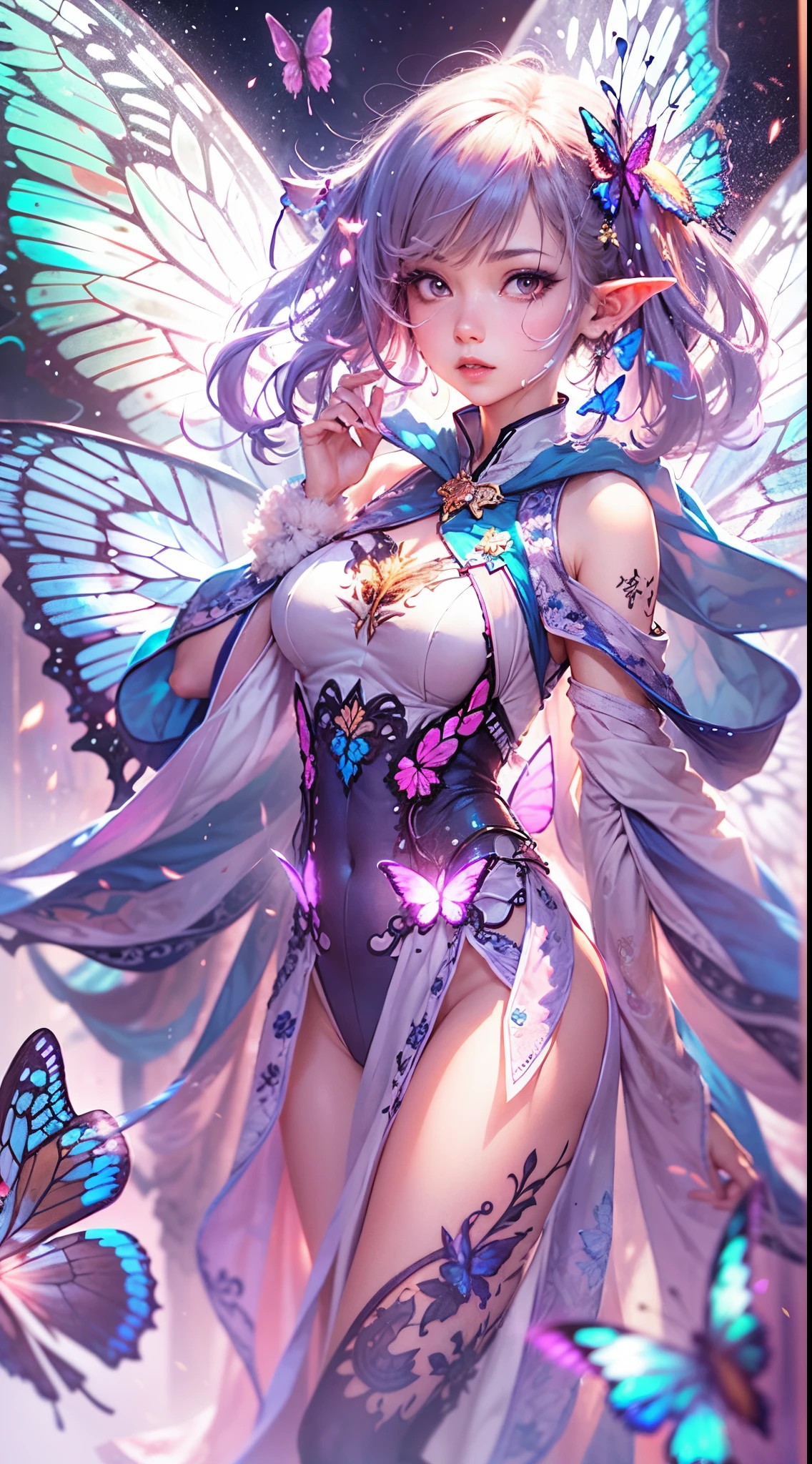 Elf Girl，butterfly wings，with light glowing，Colorful，8K,A high resolution,tmasterpiece,Beautiful wallpapers,high qulity,high detal,电影灯光,OC renderer,s the perfect face,dynamicposes,offcial art,full body shot shot,blur backgroun, --niji 5