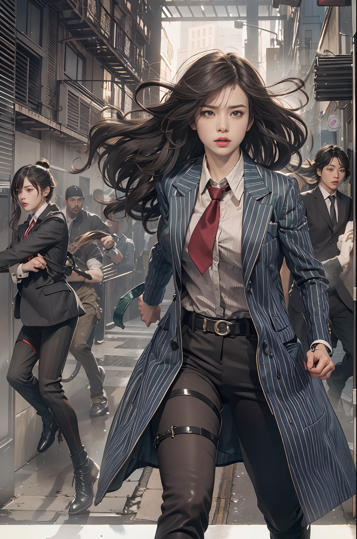 the met、Female Detective、chasing the criminal、((Desperate face))、Running、Sweat flows、suits、tie handcuffs、Batons