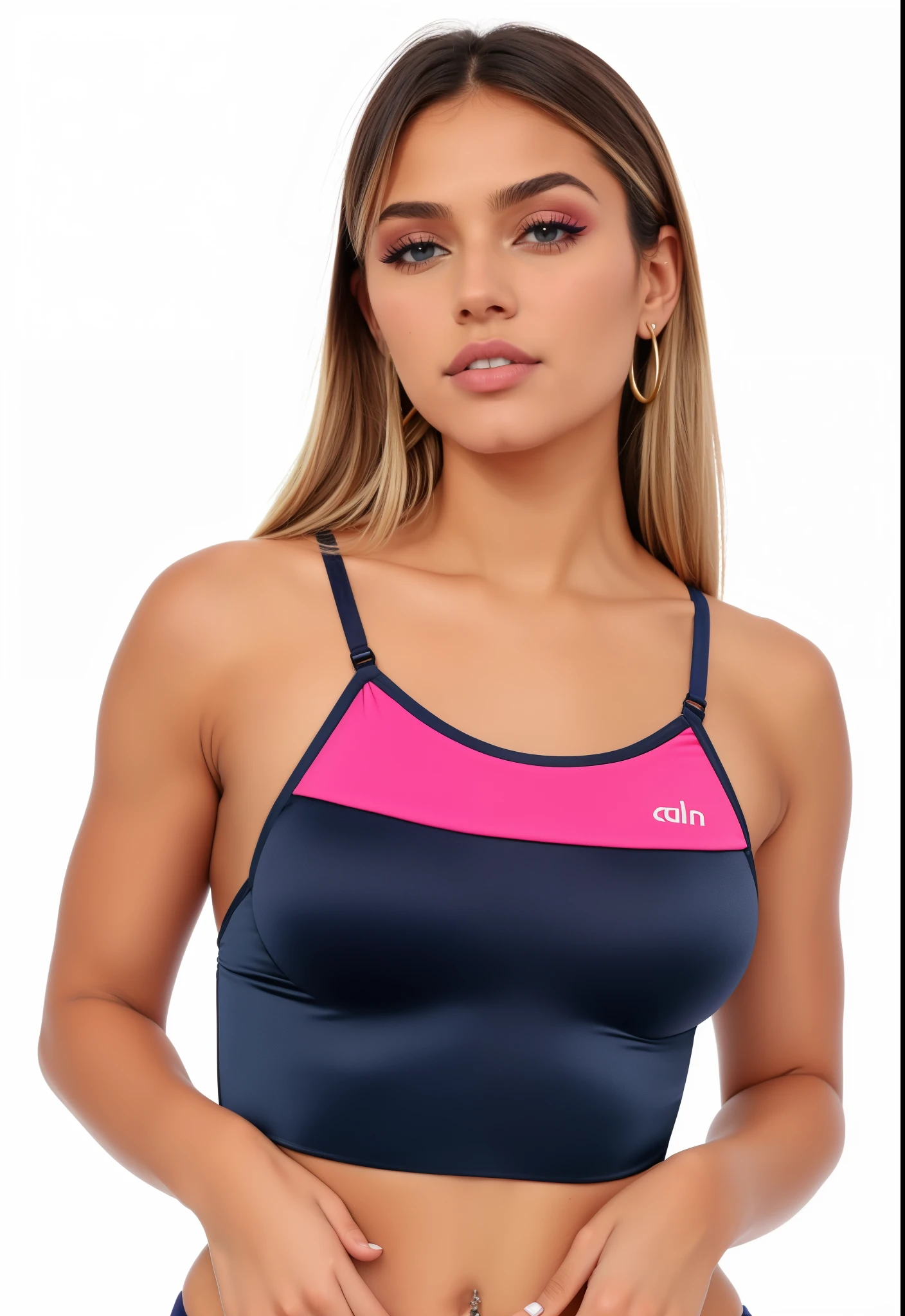 um close de uma mulher com uma blusa preta e rosa, Titular Top, Esporte bom, Topo de colheita, Bralette, Matte Navy - Bodysuit Azul, Titular Top, topo de corte, corpo feminino, brasileiro, sport bra and dark blue shorts, pink body harness, sport bra and shirt, halter neck, traje de leotard da marinha, t-topo