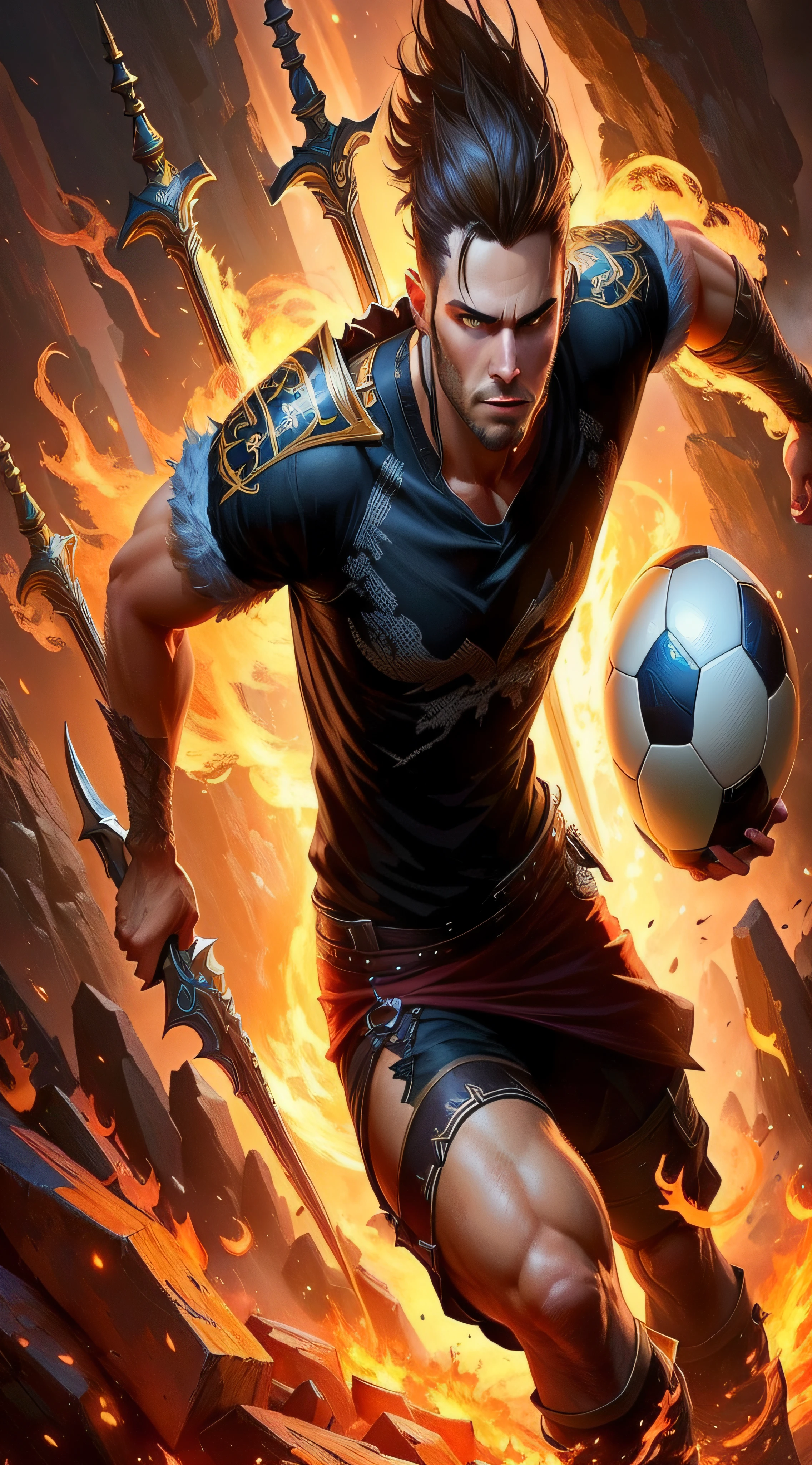 a close up of a man holding a soccer ball in front of a fire, background artwork, epic fantasy art style hd, amazing wallpaper, hd wallpaper, mobile wallpaper, epic fantasy digital art style, detailed game art illustration, 4k detailed digital art, trending wallpaper, style of raymond swanland, epic fantasy art style, wallpaper hd, epic professional digital art, game art