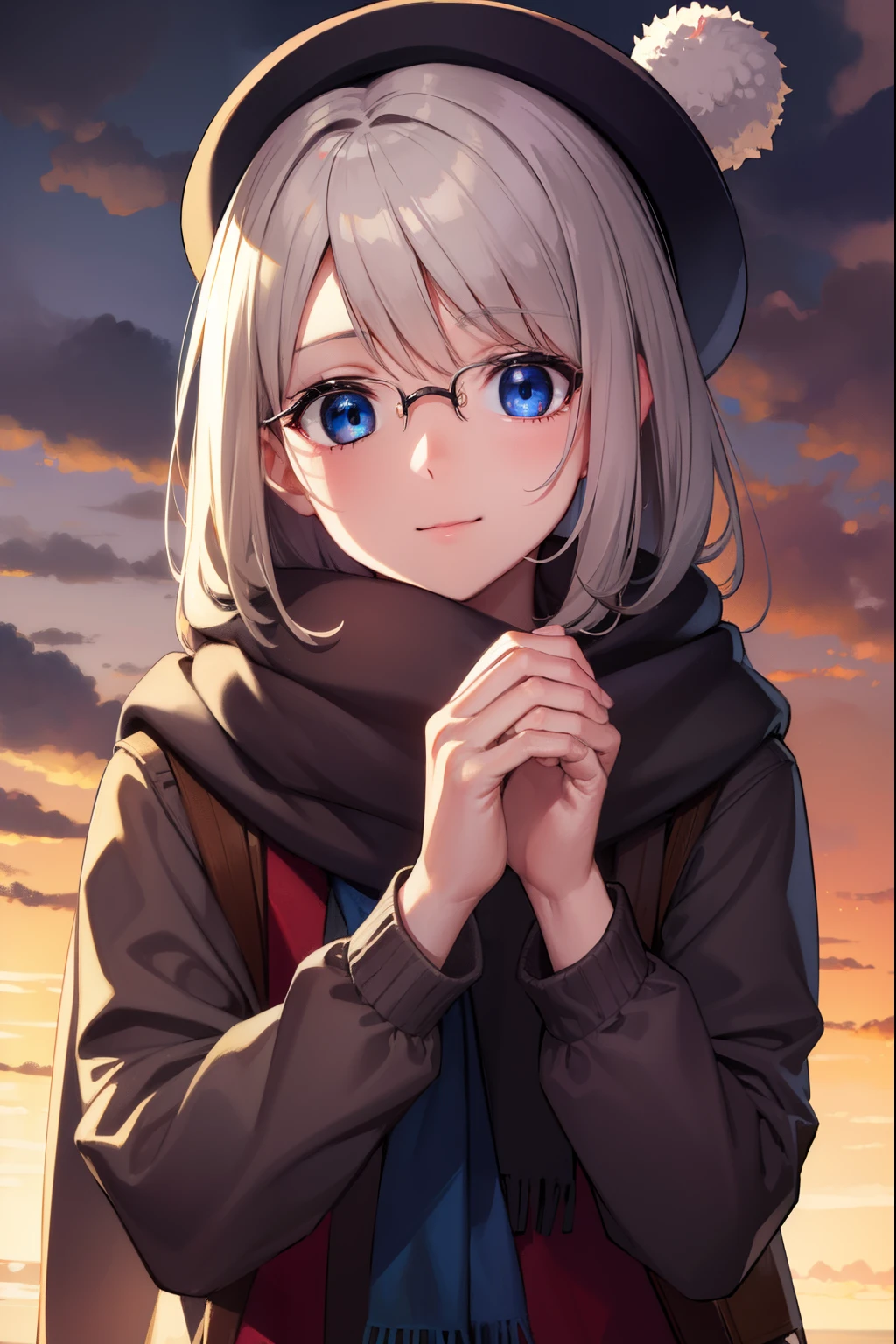 blue eyes, round glasses, hat, brown scarf, smilling
BREAK looking at viewer, (upper body:1.2),
BREAK outdoors, city, sky,
BREAK (masterpiece:1.2), best quality, high resolution, unity 8k wallpaper, (illustration:0.8), (beautiful detailed eyes:1.6), extremely detailed face, perfect lighting, extremely detailed CG, (perfect hands, perfect anatomy),