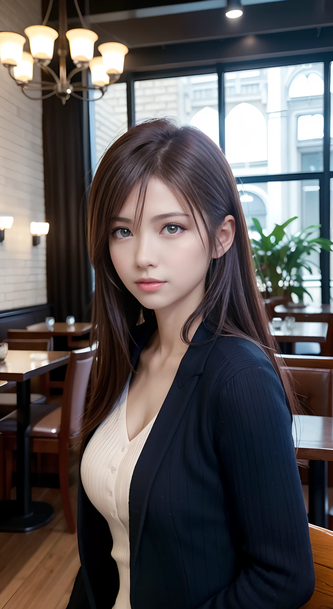 masutepiece, Best Quality, Photorealistic, Ultra-detailed, finedetail, High resolution, 8K Wallpaper, 1 beautiful woman, Wear casual business wear, In a great restaurant, At night, light brown messy hair, Perfect dynamic composition, Beautiful detailed eyes
