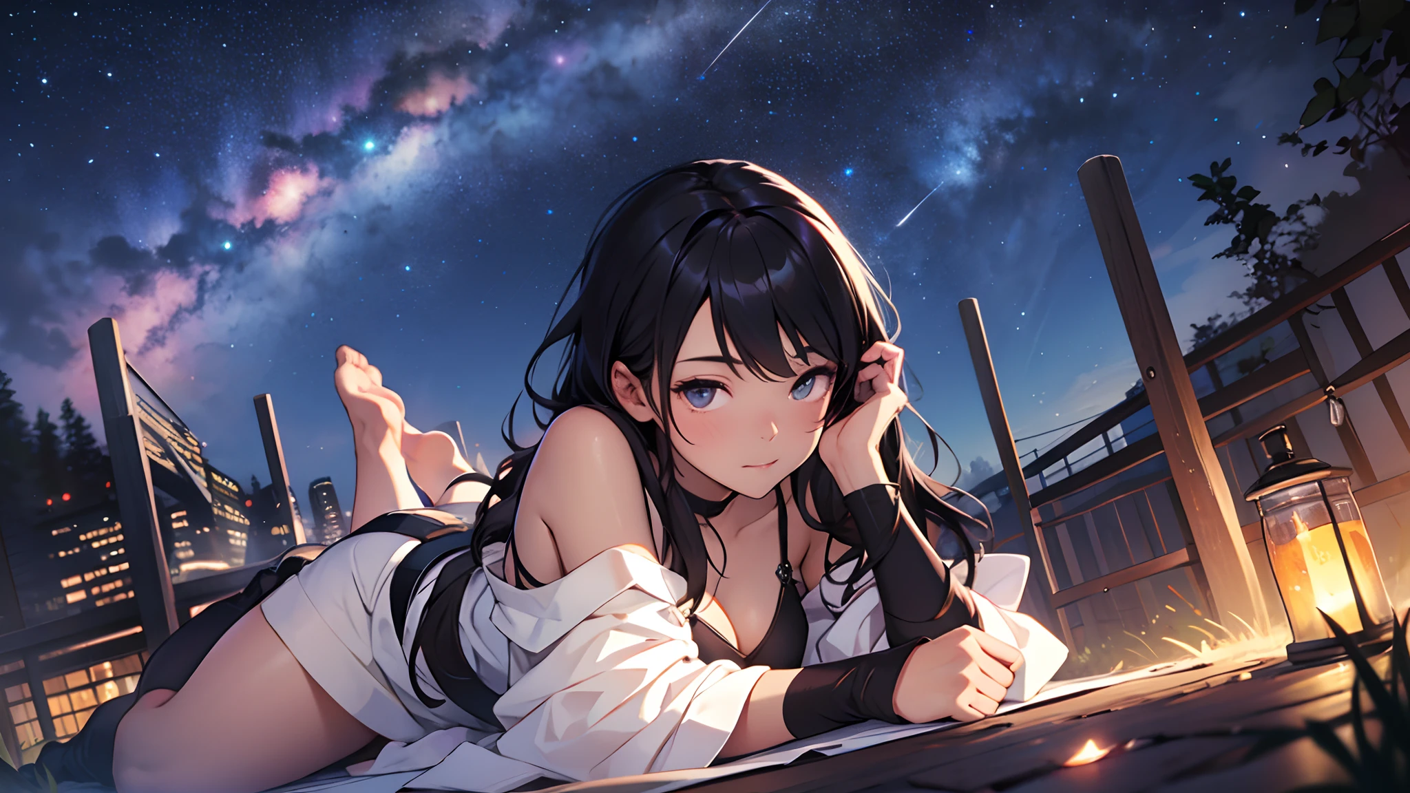 A beautiful black-haired girl lies down and watches the night sky --auto --s2