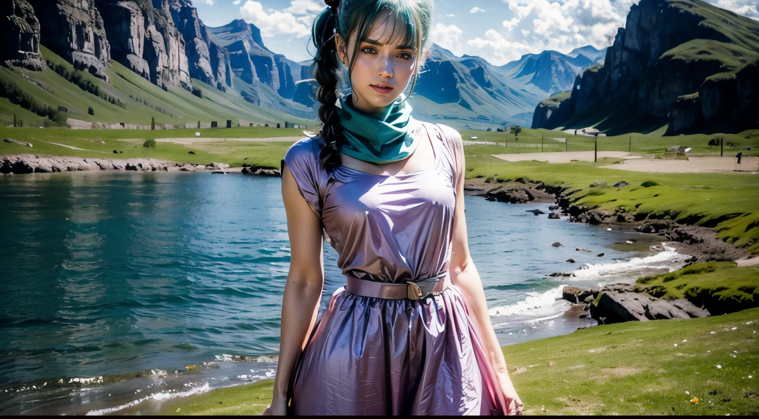 Bulma_teen, 1girl, solo, long hair, looking at viewer, blush, smile, bangs, blue eyes, dress, bow, ribbon, standing, hair ribbon, short sleeves, thighs, cowboy shot, outdoors, green hair, sky, day, belt, cloud, water, scarf, blue sky, short dress, grass, building, pink dress, clothes