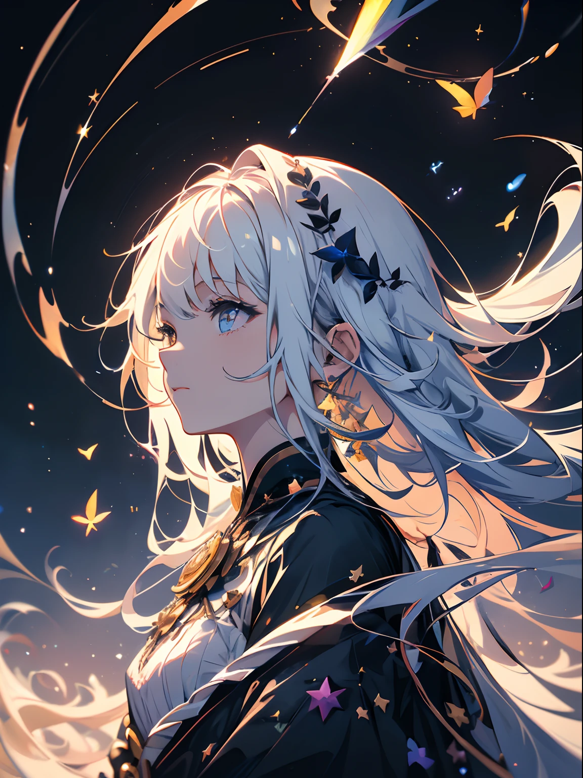 Stars and comets pass by in the open sky, Beautiful clouds, black rose field, A tree with glowing fireflies and butterflies々, A girl looking up at the sky in the middle of a field, (Ultra-realistic), {the Extremely Detailed CG Unity 8K Wallpapers}, Photography of the vast landscape, (View from below showing the entire expanse of the sky, Vast open field view), (low angle shot), (light: 1.5), (Warm light source: 1.2), intricate-detail, (Irridescent color: 1.2), (Bright lighting), (Atmospheric lighting), Dreamy, Magical, (Solo: 1.2)(Detailed face:1.3), (Cute teenage woman, Solo),Beautiful portrait、Delicate body、(Fractal Art:1.3)、The upper part of the body、look up to、patterns、(rainbow-colored hair、colourful hair、Half white and half black hair:1.2)、Eau、liquids、云、colourfull、Duan、background doodle、Contemporary art