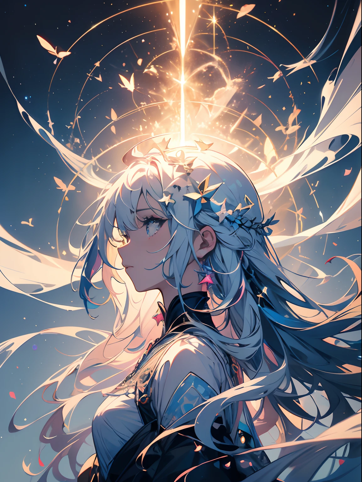 Stars and comets pass by in the open sky, Beautiful clouds, black rose field, A tree with glowing fireflies and butterflies々, A girl looking up at the sky in the middle of a field, (Ultra-realistic), {the Extremely Detailed CG Unity 8K Wallpapers}, Photography of the vast landscape, (View from below showing the entire expanse of the sky, Vast open field view), (low angle shot), (light: 1.5), (Warm light source: 1.2), intricate-detail, (Irridescent color: 1.2), (Bright lighting), (Atmospheric lighting), Dreamy, Magical, (Solo: 1.2)(Detailed face:1.3), (Cute age woman, Solo),Beautiful portrait、Delicate body、(Fractal Art:1.3)、The upper part of the body、look up to、patterns、(rainbow-colored hair、colourful hair、Half white and half black hair:1.2)、Eau、liquids、云、colourfull、Duan、background doodle、Contemporary art