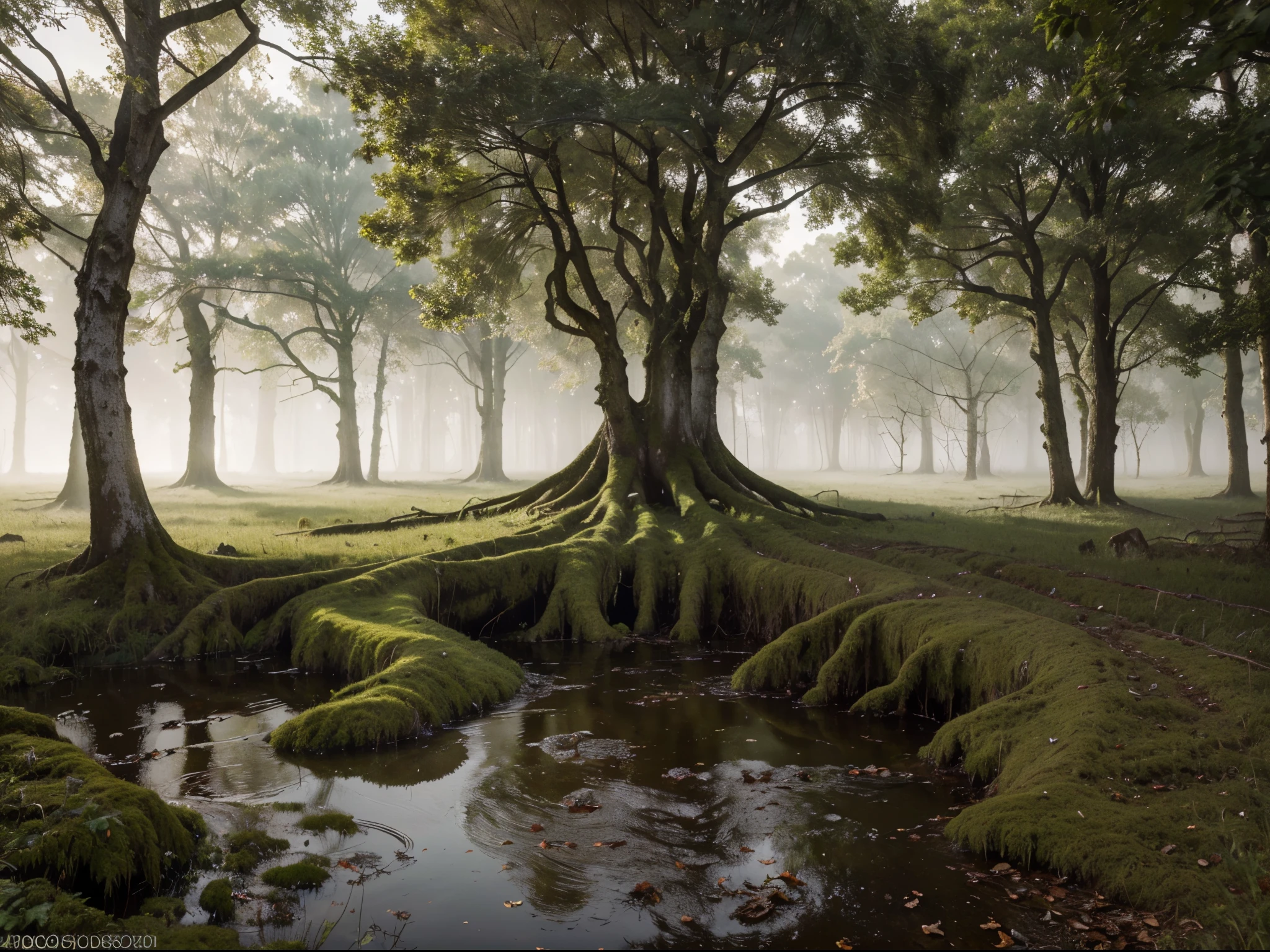 (best quality,4k,8k,highres,masterpiece:1.2),ultra-detailed,(realistic,photorealistic,photo-realistic:1.37),a murky, moss-covered swamp with twisted tree roots emerging from the murky water, a dense fog hanging low over the surface, creating an eerie atmosphere, the stillness broken only by the echoing croak of a distant frog, the air heavy with the scent of damp earth and decaying vegetation, a sense of mystery and intrigue permeating the scene