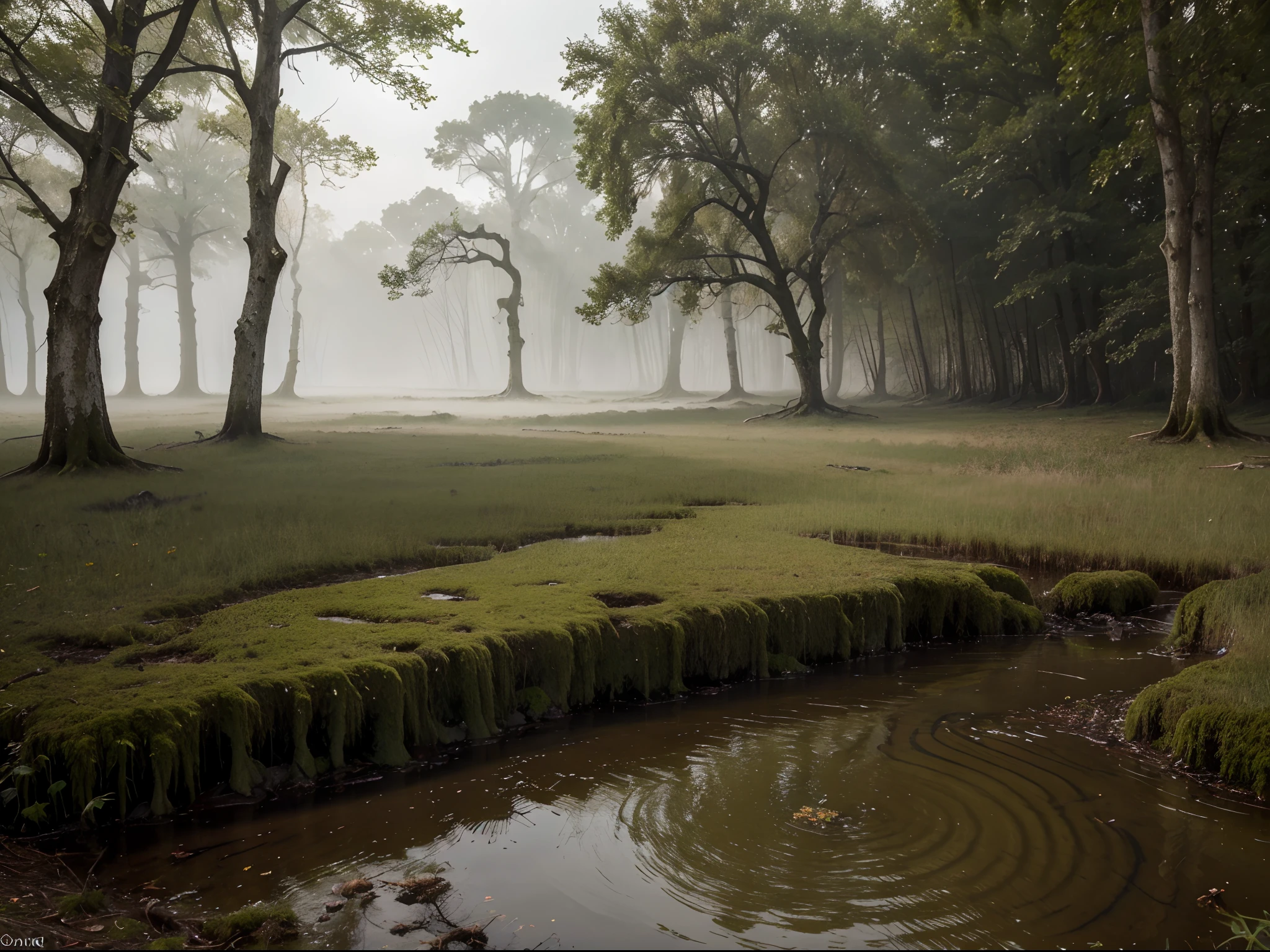 (best quality,4k,8k,highres,masterpiece:1.2),ultra-detailed,(realistic,photorealistic,photo-realistic:1.37),a murky, moss-covered swamp with twisted tree roots emerging from the murky water, a dense fog hanging low over the surface, creating an eerie atmosphere, the stillness broken only by the echoing croak of a distant frog, the air heavy with the scent of damp earth and decaying vegetation, a sense of mystery and intrigue permeating the scene