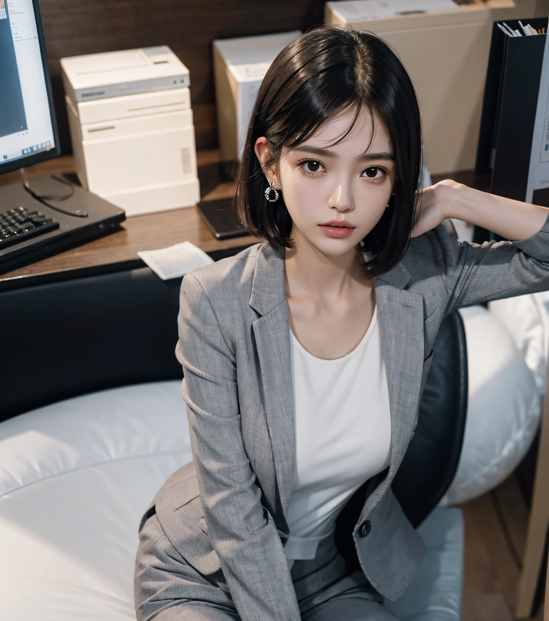 absurdres, RAW photo, extremely delicate and beautiful, masterpiece, Best Quality, ultra high resolution, 16k, hyperrealistic, ultra-detailed, (perfect anatomy), super Detailed skin, perfect figure, Very detailed CG 8k wallpaper, in her 20s, very Slim body, narrow waist, very small head, very small face, delicate facial features, tearful mole, earring, thin legs, (very huge round breasts), (full body shot), short medium hair, ((((office lady suit)))),
