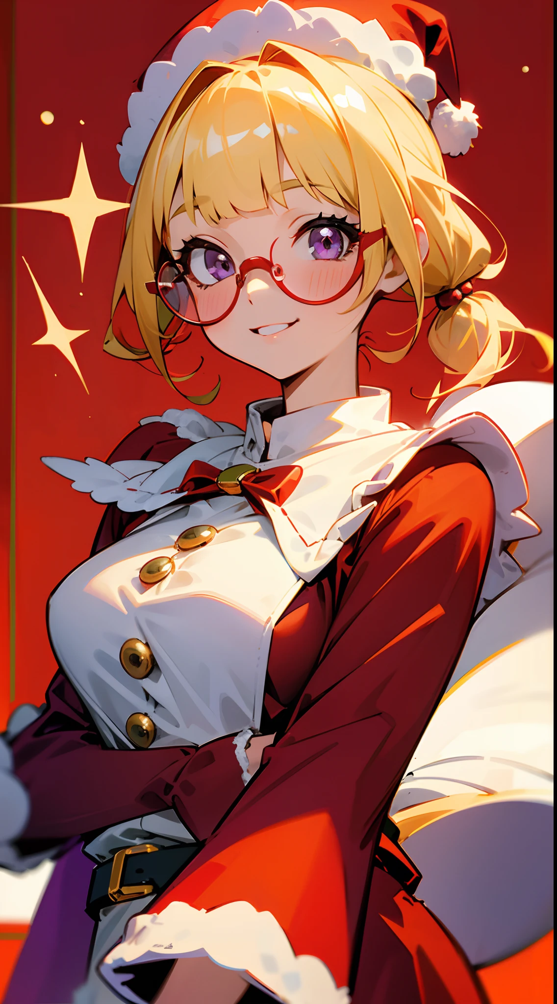 1girl in、blondehair、Blunt bangs、Pony tail、Purple eyes、((Red glasses)):1.5、A smile、Laugh、Christmas、Dressed in Santa Claus costume、Colors based on red and green