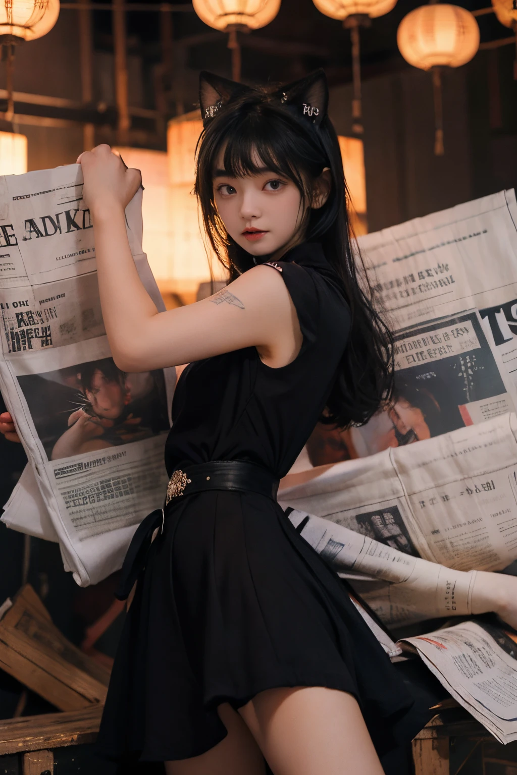 masterpiece、8K、32K、top-quality、(A cute Japanese woman:1.4)、detail portrayal、1 girl in、(elegent:1.1)、23years old、(catchlight、glowy skin:1.2)、(Cat's ears、Black hair bangs)、(Goth loli dress:1.3)、(Newspaper background、portlate:1.3)、Pink makeup、full body Esbian、ssmile、(High Position:1.3)、raise arms、Raise one leg