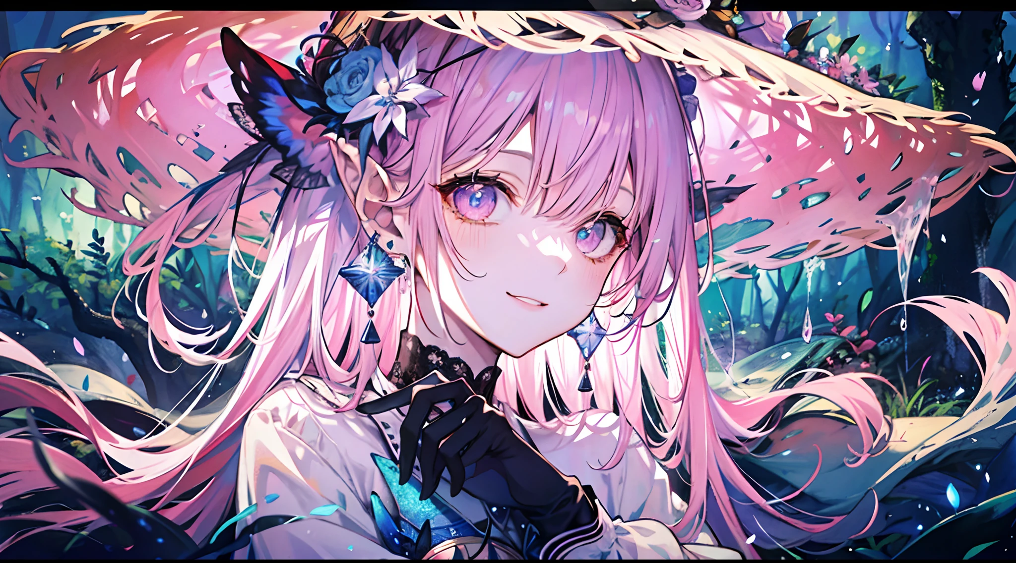 ((tmasterpiece:1.4,Best quality at best))+,(hyper-detailing)+,(Ultra-detailed eyes)+,(pointy ears:1.5),
(cute girls),15year old,(Golden-green heterochromatic pupils:1.15),Long pale pink hair,long braid,Bushy hair(wariza:1.2),pale-skinned,ssmile,a seductive smile
(She wore a conservative blue lavender dress,red pattern,lace-up:1.5),(Black gloves:1.4)The sleeves are long,
Black earrings,merfolk,The corals,Menghua,gem jewelry,Ocean of fish and trees,Withered yellow straw hat,Conch headdress,giant sword,
(Fishtail:1.1),
(dawn light:1.2),
(Thick black and white:1.16),(depth of fields:1.4),,Complicated details,