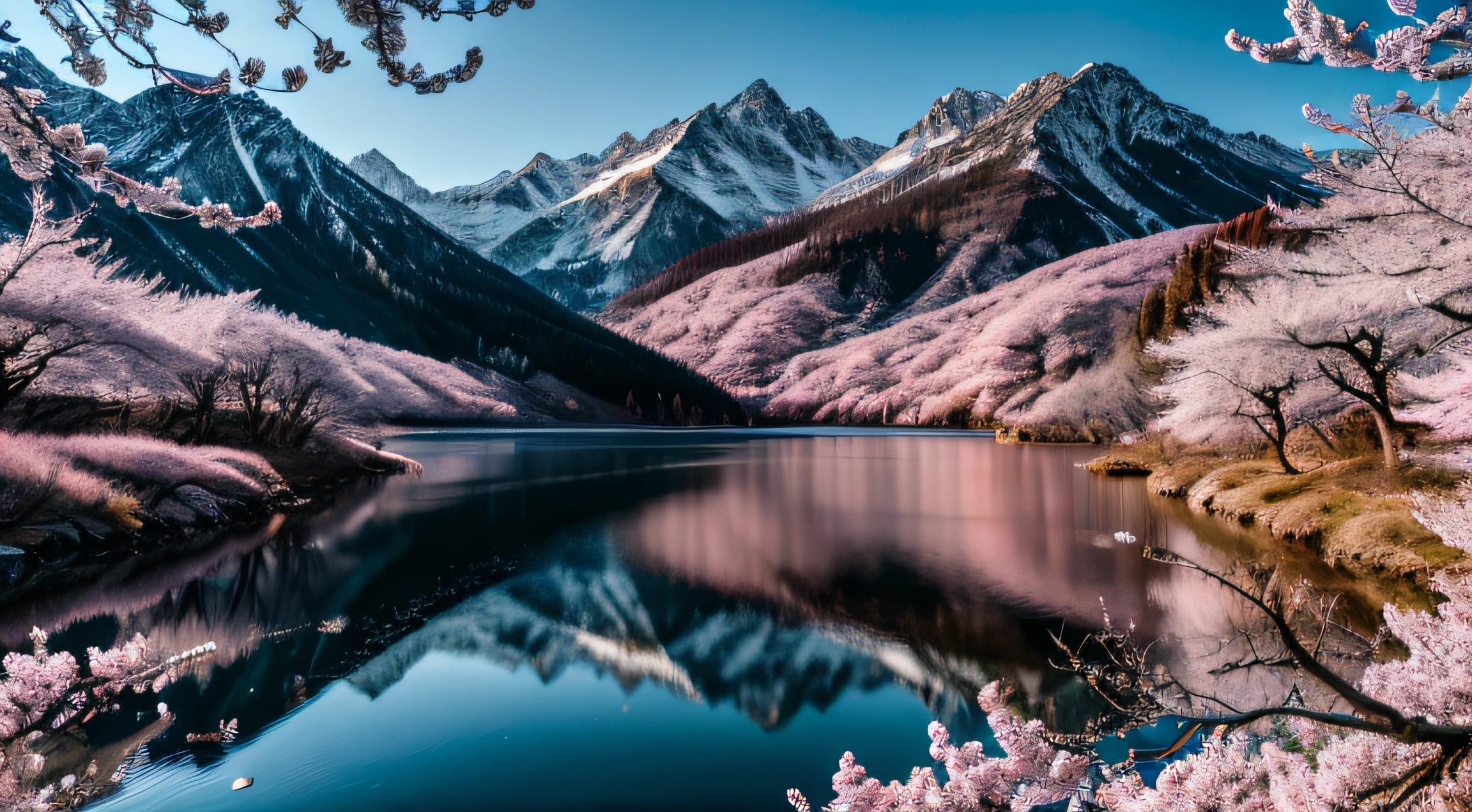 RAW photos，Exquisite, beautiful and lifelike，the detail，realisticlying，Ultra Realistic Photo，8k UHD，digital SLR camera，dazzling spring mountain，high high quality，filmgrain，Fujifilm XT3，（tmasterpiece），Majestic mountains，Mountains reflected on the lake，Plum blossoms are beautiful，The morning sun overlaps，