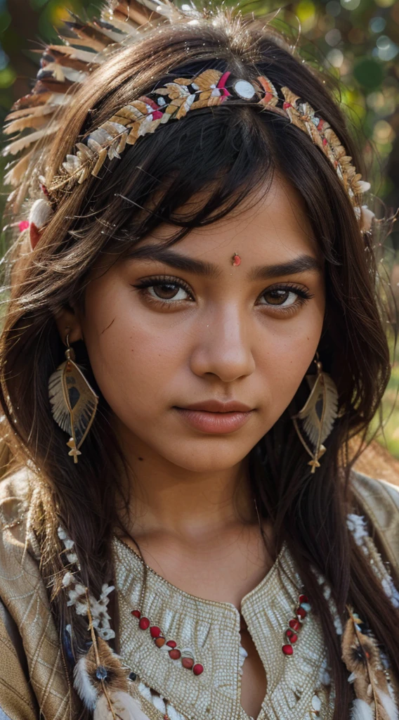 An indigenous girl,beautiful detailed eyes,beautiful detailed lips,long eyelashes,(best quality,4k,8k,highres,masterpiece:1.2),ultra-detailed,realistic,medium:oil painting,nature-inspired background,cultural patterns,traditional attire,adorned with feathers,humble and captivating expression,vibrant colors,soft lighting