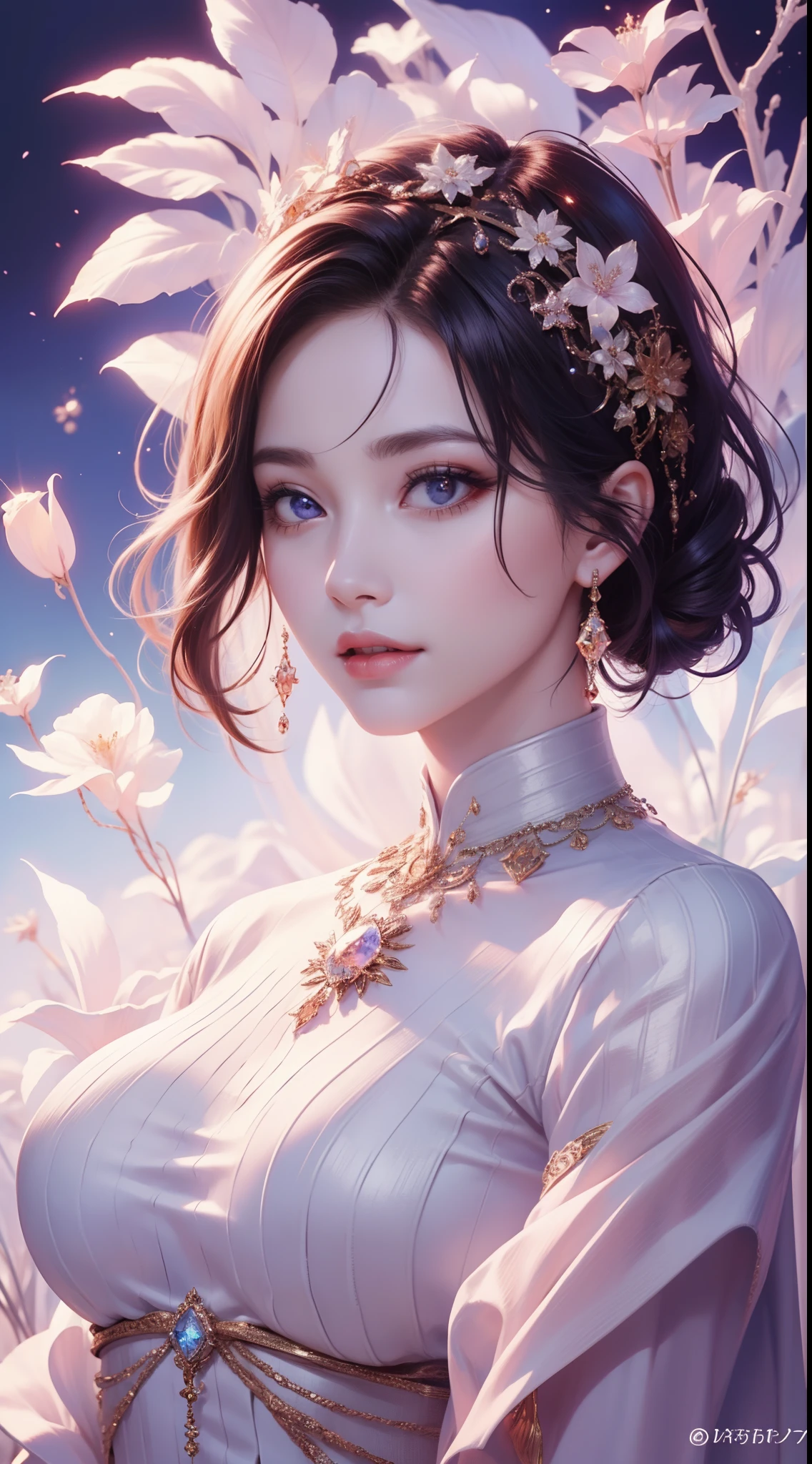 tmasterpiece，Highest high resolution，((themoon))，Dynamic bust of a beautiful aristocratic maiden，elegantly coiled brown chestnut hair，Purple clear eyes，Hair is covered with beautiful and delicate floral craftsmanship, Crystal Jewelry Filigree，Ultra-detailed details，upscaled，The Earth Rises。