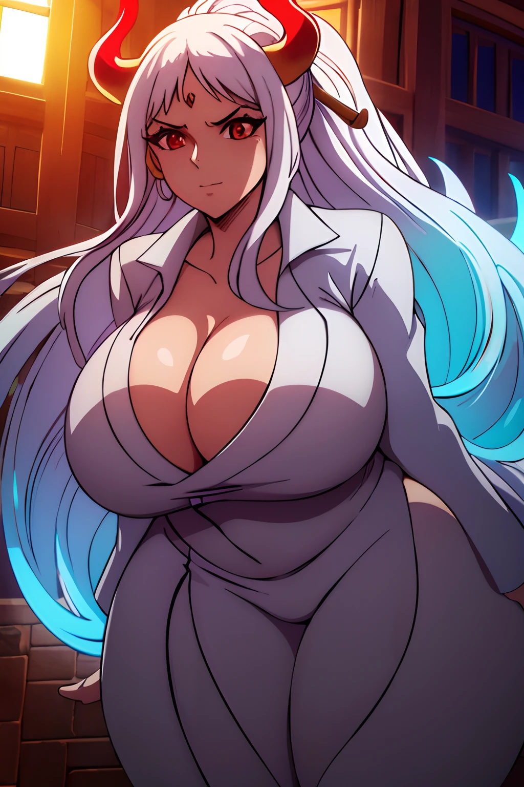 (long white ponytail hair), (dragon horns), (mother), house, (huge juicy breasts:1.2), (cleavage), milf, busty, slim stomach, wide hips, beautiful face, professional lighting, glistening skin, high quality, (seductive pose:1.2)