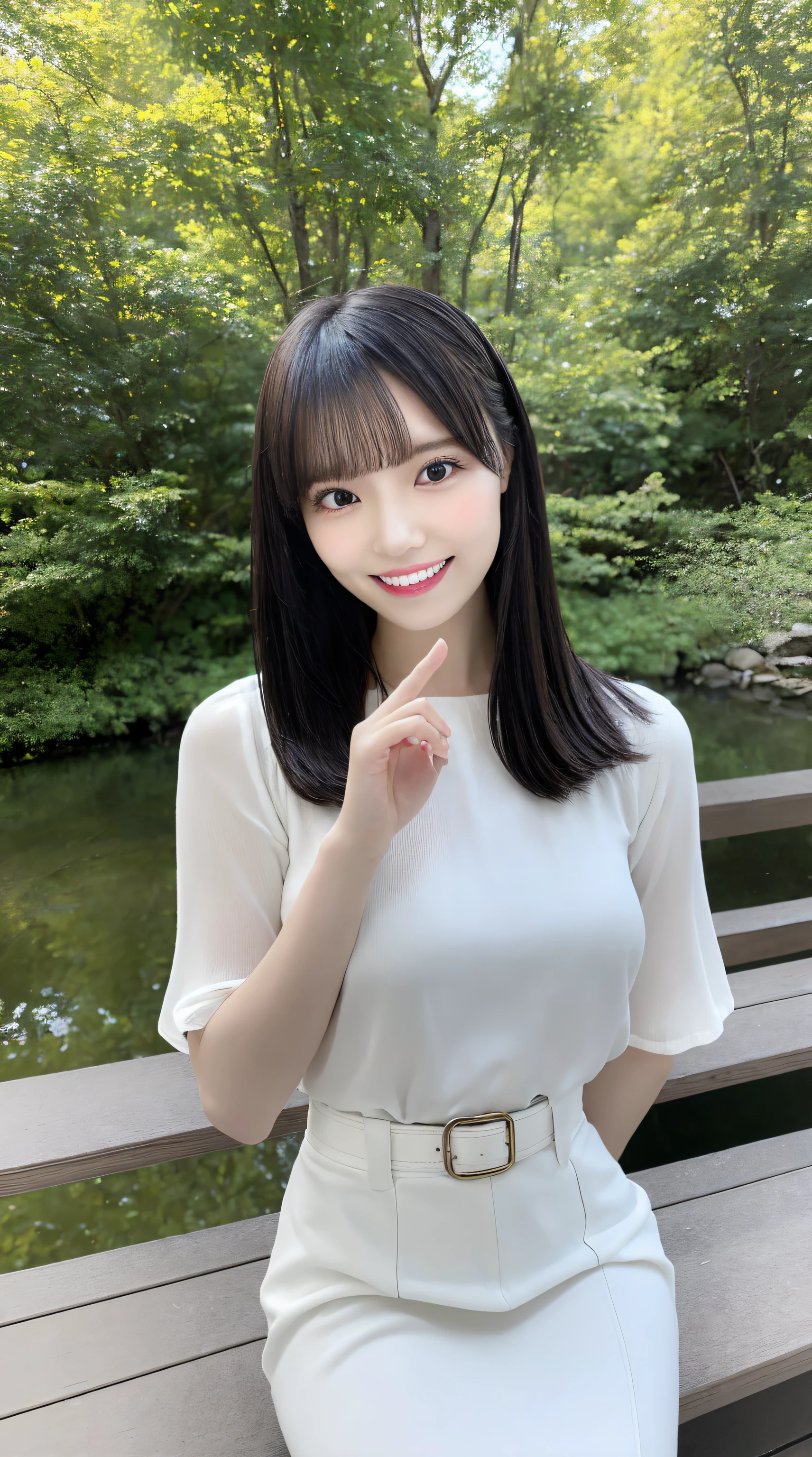 (Best Quality, masutepiece, Ultra HD: 1.3, High brightness, High color saturation), 1girl in, (middlebreasts), light brown hair, Asymmetrical hair, straight haired, Long hair, ( slender body shape, Constricted waist), (Ultra Fine Face), Delicate lips, (beautidful eyes), thin blush, eyes are brown, perfect glossy skin, View here, Smiling smile, ( hide one's hands), (Sitting on a bench), (thin and long legs, Thighs and toes:1.5), See-through white blouse, White tight skirt, (White pumps), (a japanese girl, hposing Gravure Idol), Broad-leaved forest, 135 mm, Fuji Film