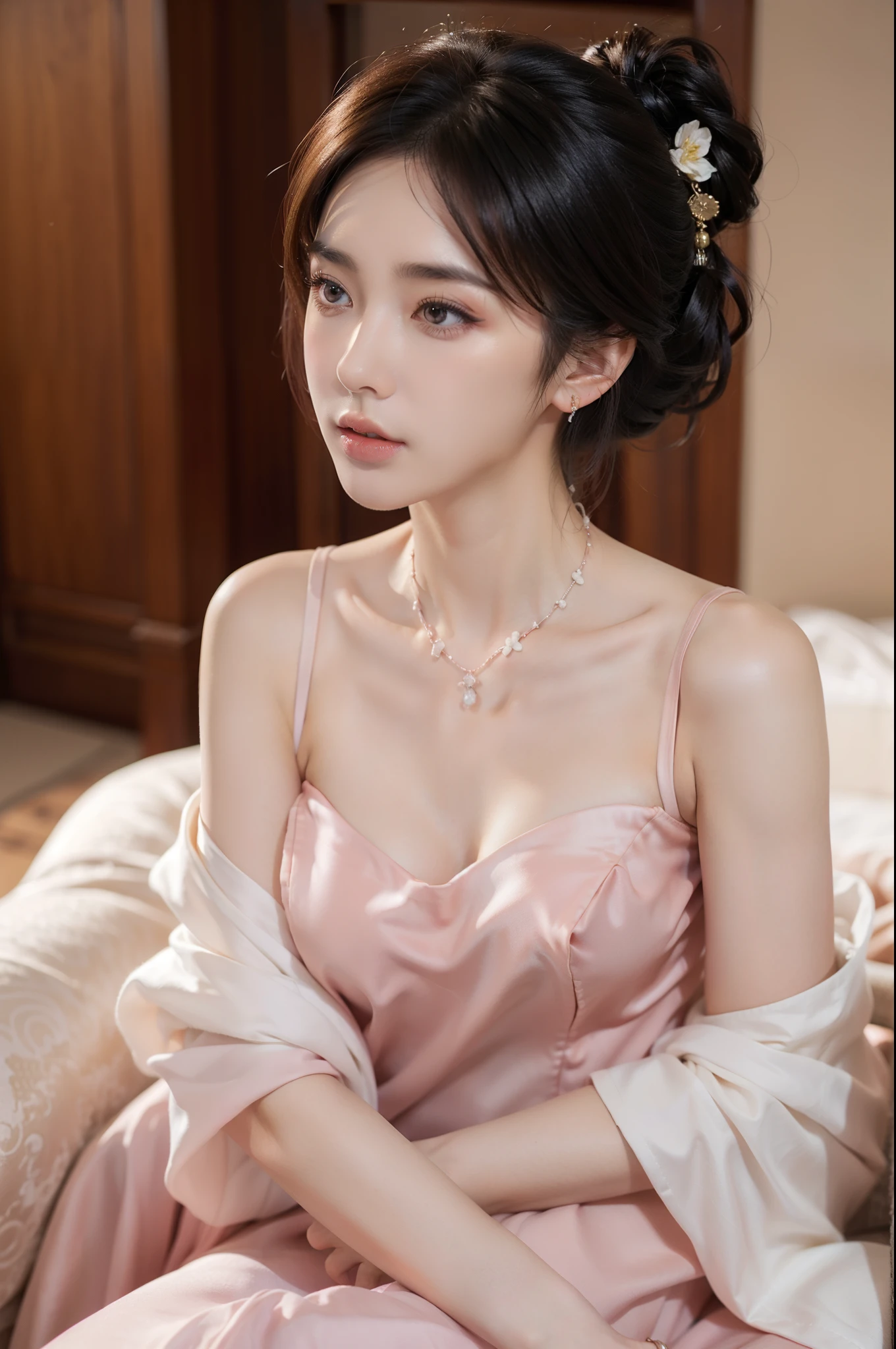 1girl, korean kpop idol and model ,23 years old,soft body, fair skin,close-up, 8k, RAW photo, best quality, masterpiece,realistic, photo-realistic,cute,  silk bandage breast wrap dress , earrings, High image quality, full body, ribbon tie/choker