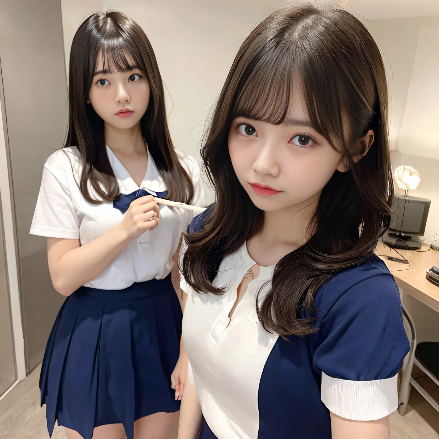 Female duo、23years old, Bedrooms、Bedroom、holding a cutter in hand、Holding something in your hand、high-school uniform:1.2,Dark blue skirt、Curling irons、White Short Sleeve Y-Shirt、shortsleeves、neck tie、glares、irate、masutepiece, Random Poses、超A high resolution, (Ecstasy:1.0), 1girl in, (sobbing:1.0), Dark hair, Dramatic Lighting, female dog, Normal-breasted,