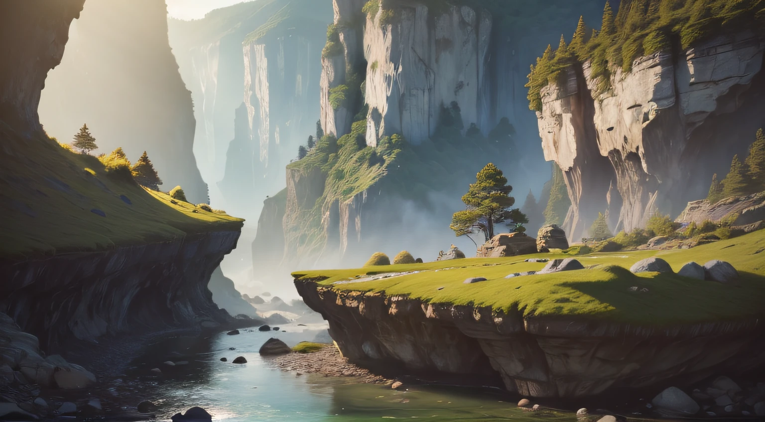 Fantasy landscape,small stream at the bottom of a ravine,high cliffs forming a gorge,at dawn,(best quality,4k,8k,highres,masterpiece:1.2),ultra-detailed,(realistic,photorealistic,photo-realistic:1.37),vivid colors,studio lighting,physically-based rendering,landscape