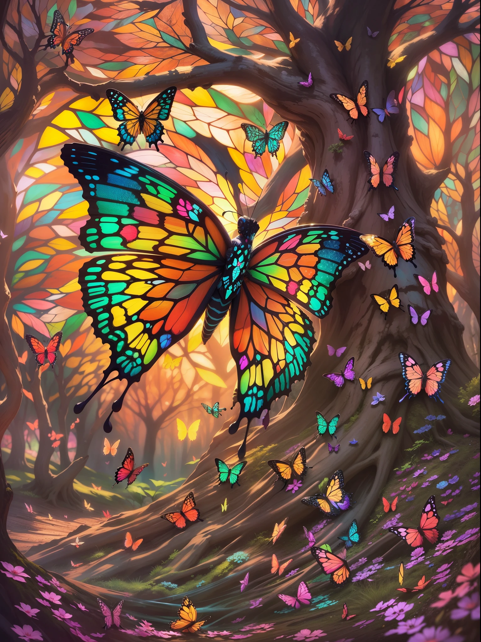 (The dancing butterfly falls on the tree:1.2, Intricate designs resembling stained glass:1.2, Mesmerizing artistry:1.1),full bodyesbian,Faraway view,high saturated,Vibrant colors,8K,globalillumination