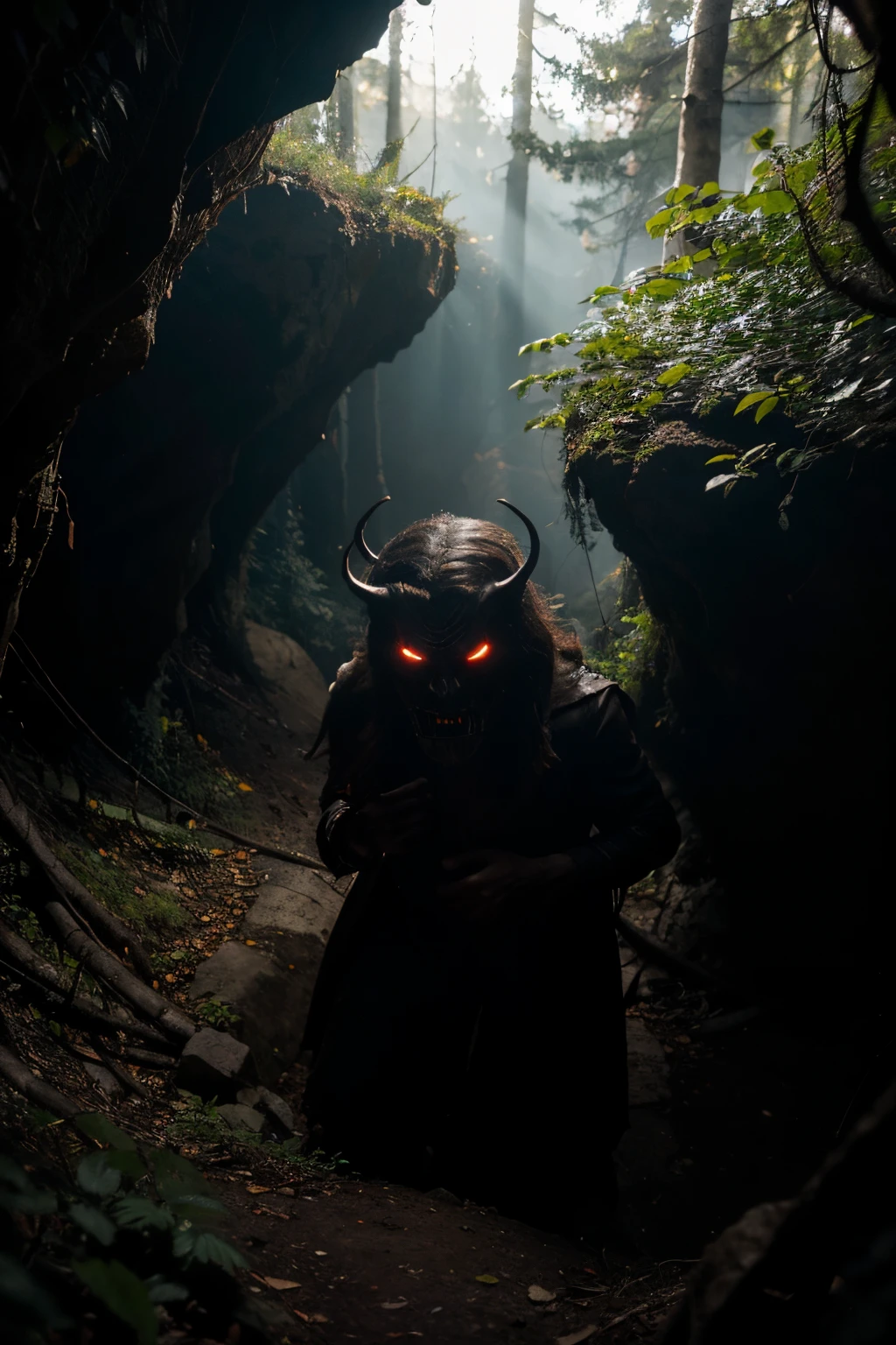 a being, a very evil and frightening presence, coming out of a cave hidden in trees, the camera is positioned at 90 degrees, the view from above, warm and dark colors, very realistic, ultra hd, 8k, little illumination, just the light natural light, fear, scary