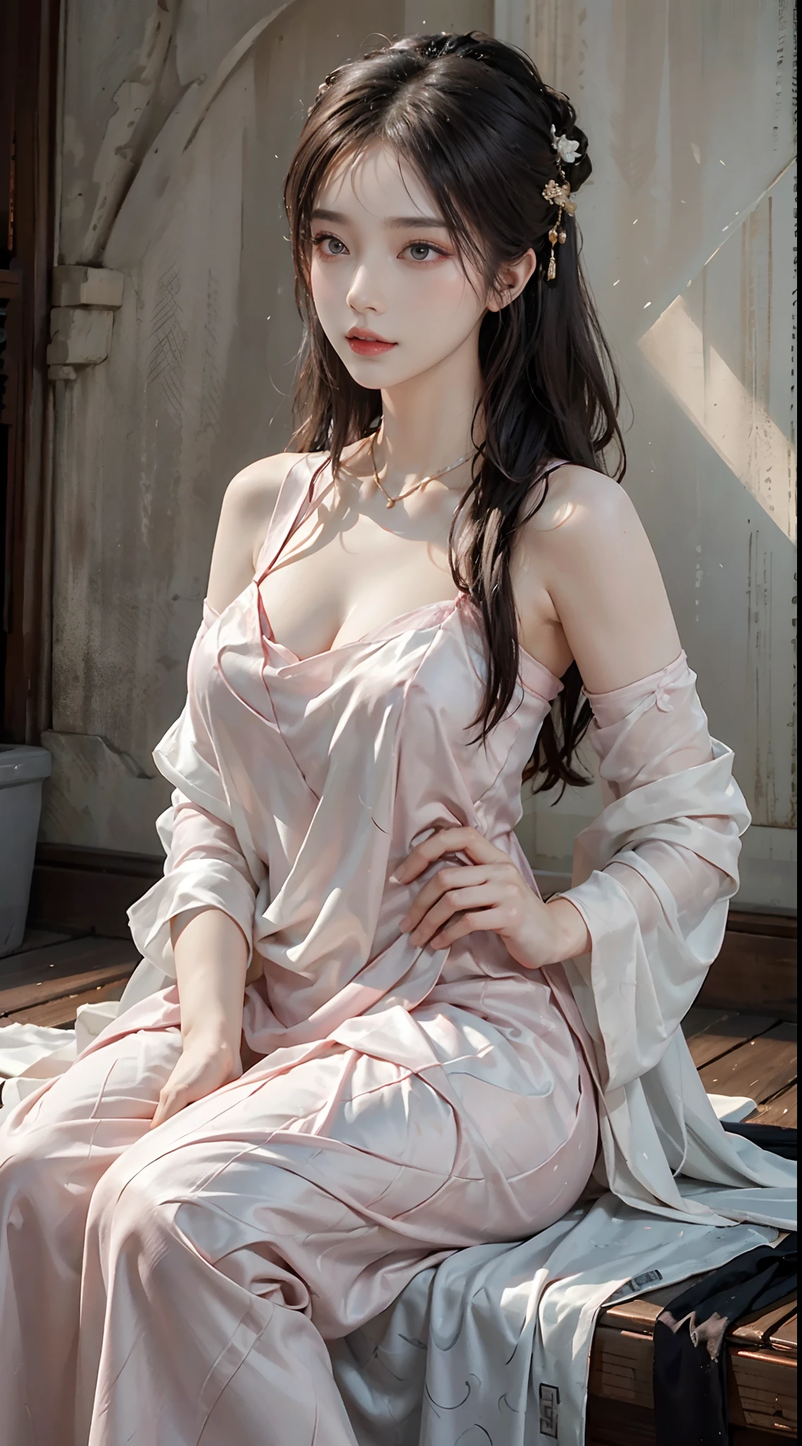 Art depicts a charming woman,Dressed in a flowing manner、Silky traditional oriental dress,in pink,Bare legged,Decorated with intricate patterns and bright colors。Her dress draped elegantly over her curvy figure,Highlights her seductive silhouette。She stood gracefully in the quiet moonlit night,bathed in the soft glow of the moonlight。The scene exudes an ethereal and dreamy atmosphere,With a touch of mystery and sexiness。The image style incorporates watercolor and digital illustration techniques,It evokes a refined beauty and charm。The lights are filled with soft moonlight,casting soft highlights and shadows on her charming features。Bare thighs,Wear tight translucent pants,Bigchest,Three-dimensional facial features,sitted,your legs,Side braids