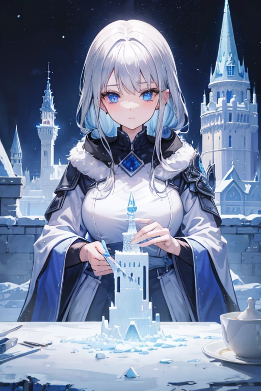 A silver haired woman with blue eyes is sculpting a castle out of ice in a winter coat.