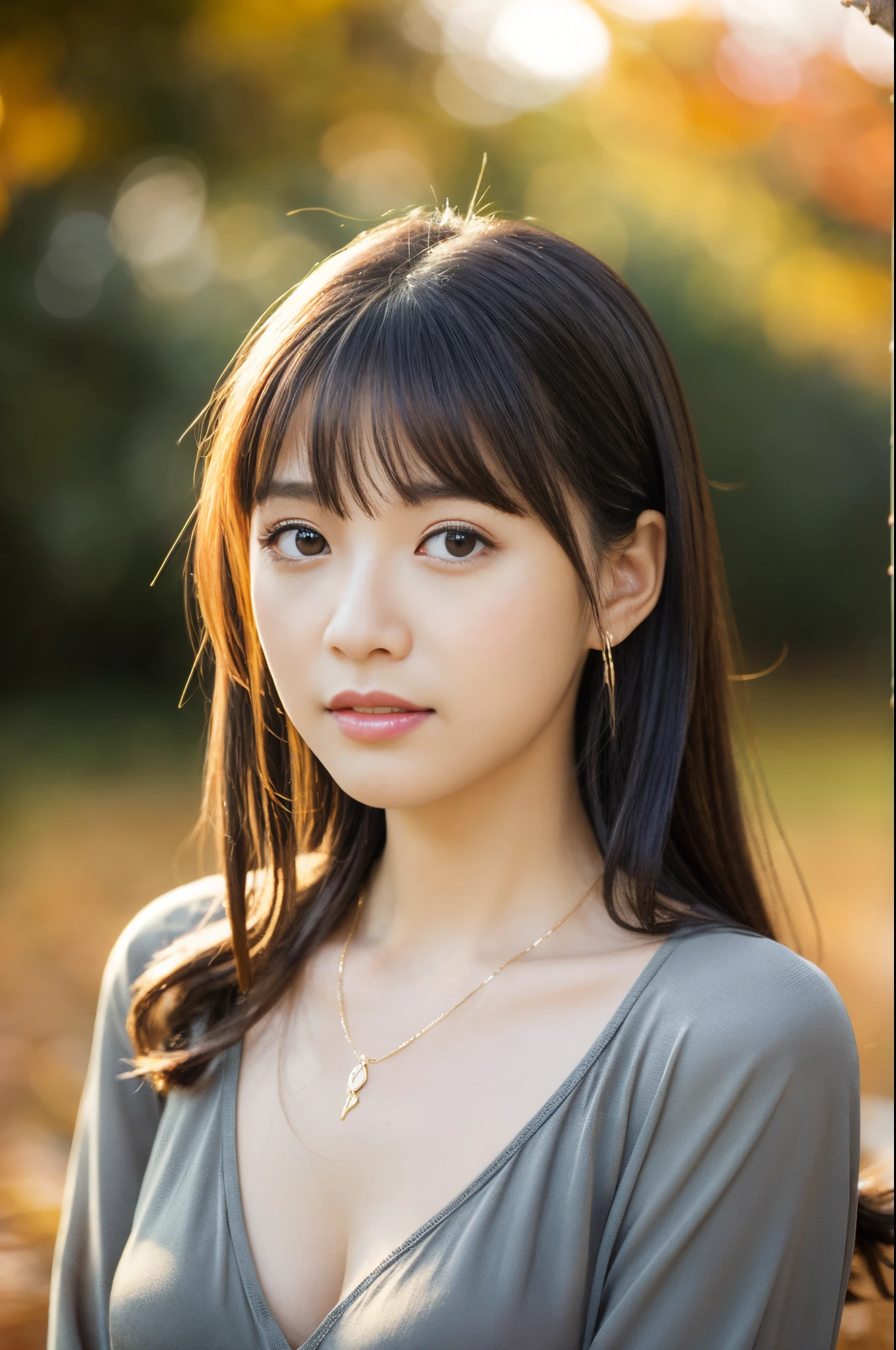 Top image quality、Raw photography、超A high resolution、21 year old cute Japanese、Shooting for one person only、Slimed、A slender、Very small breasts、small tits、fashionable autumn clothes、Shiny hair、Beautiful Eyes of Details、Very beautiful eyes、Beautiful eyelashes、Beautiful double eyelids、eyeshadows、a necklace、耳环、Gray background