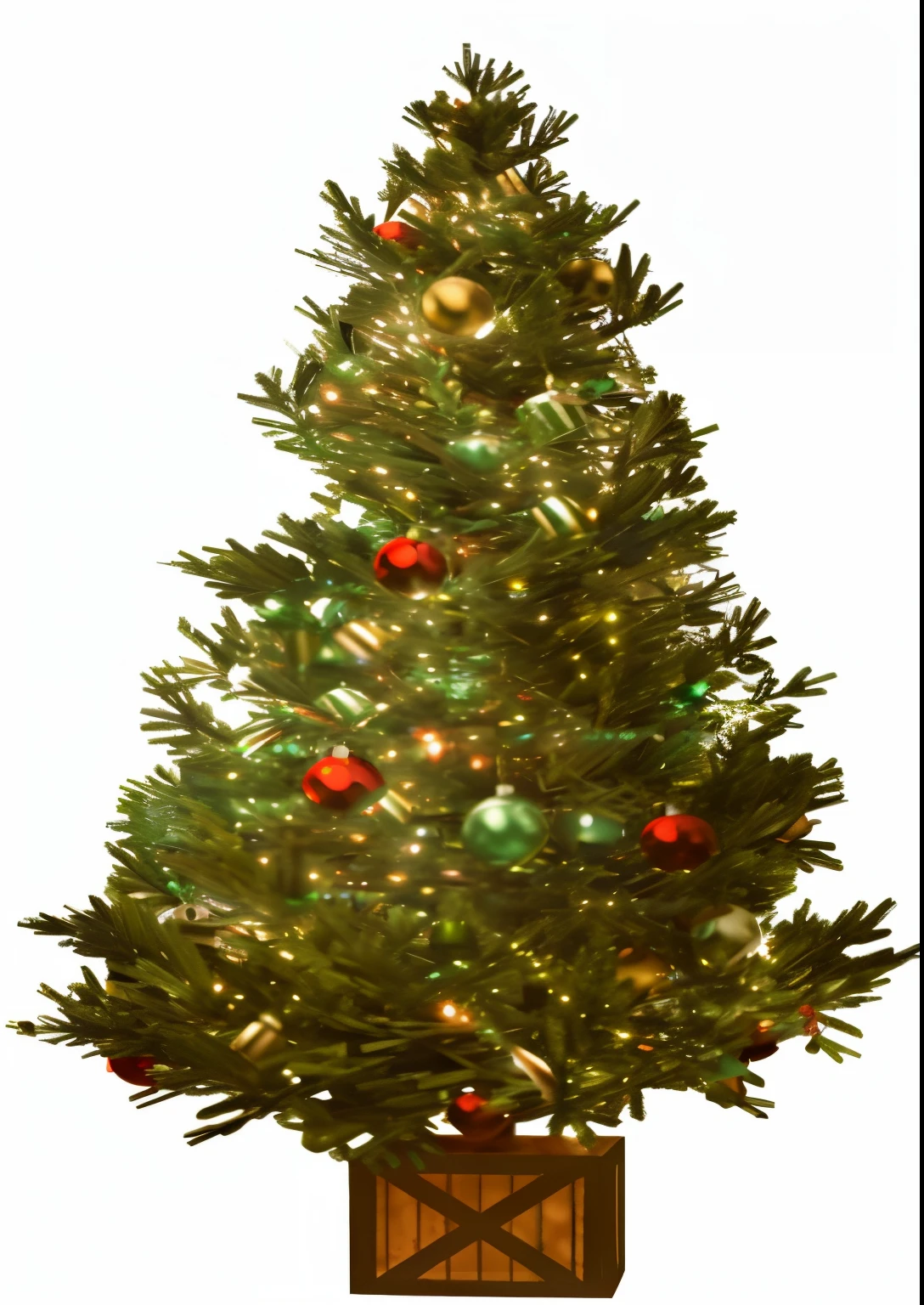 There is a Christmas tree，Wooden box contains decorations and lamps, Christmas tree, Surreal, of the tree, hight decorated, author：Alexander Giemsky, a beautiful tree, The tree, Renders, decorative, high res photograph, pre-rendered,, A high resolution, pines, Very decorative